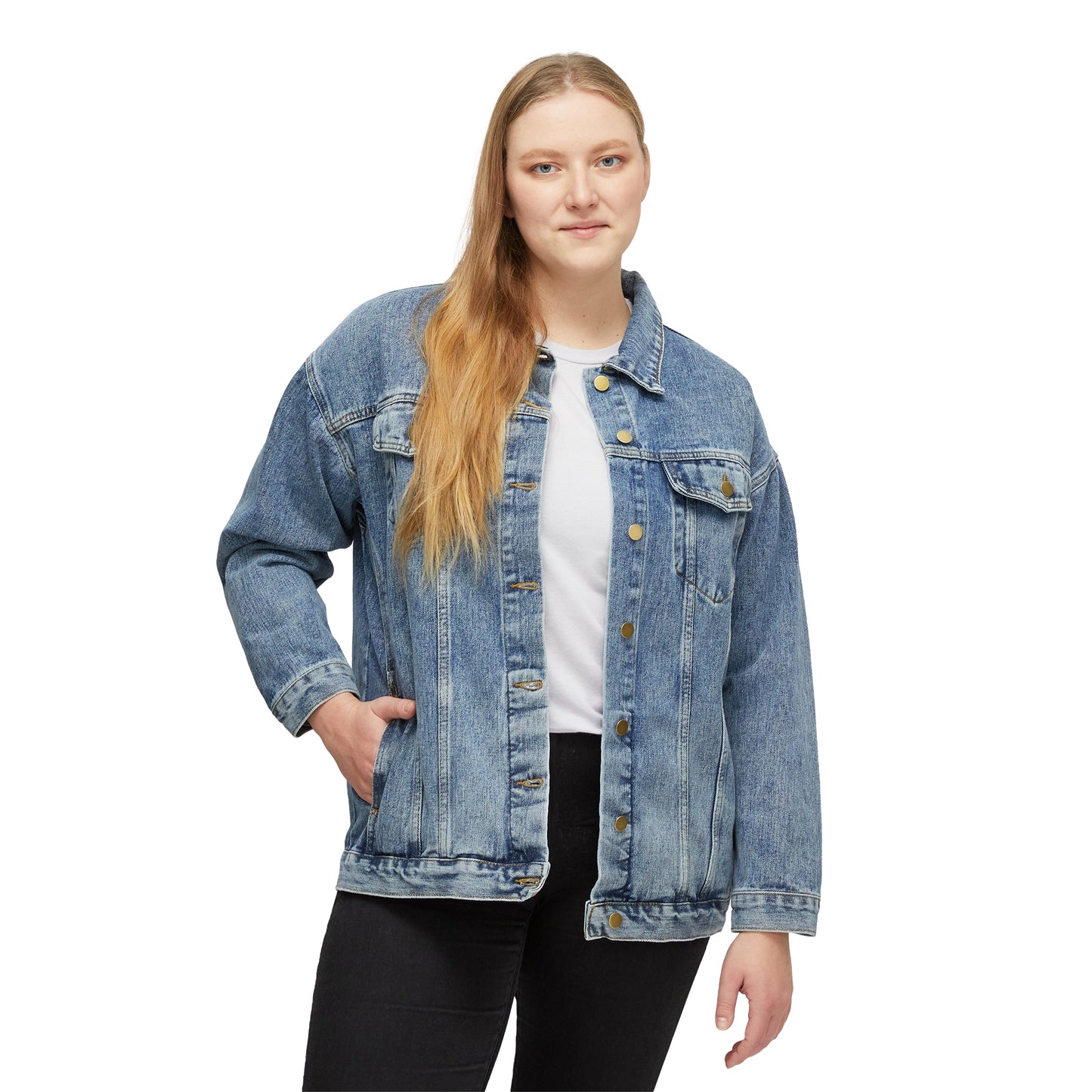 A woman posing in a casual outfit featuring a Printify Surfer-Girl Denim Jacket with button-front closure, white top, and black pants.