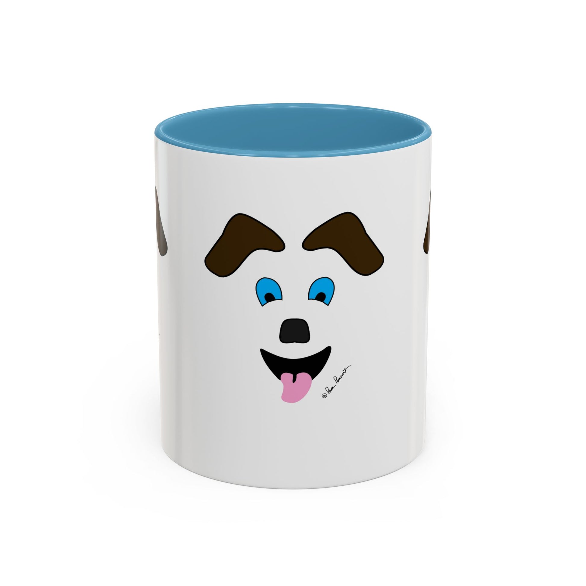 The Playful Dog-Face Coffee Mug: Ceramic | Fun Pet-Lover Gift by Printify features a white mug with a blue interior and a cheerful dog face—blue eyes, brown eyebrows and ears, plus a pink tongue—making it ideal for dog lovers.