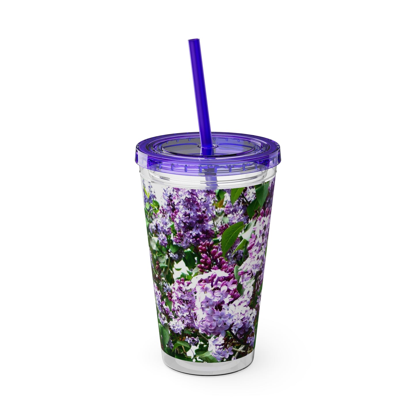 A Printify Purple Lilacs Tumbler with purple lilacs and a blue straw.