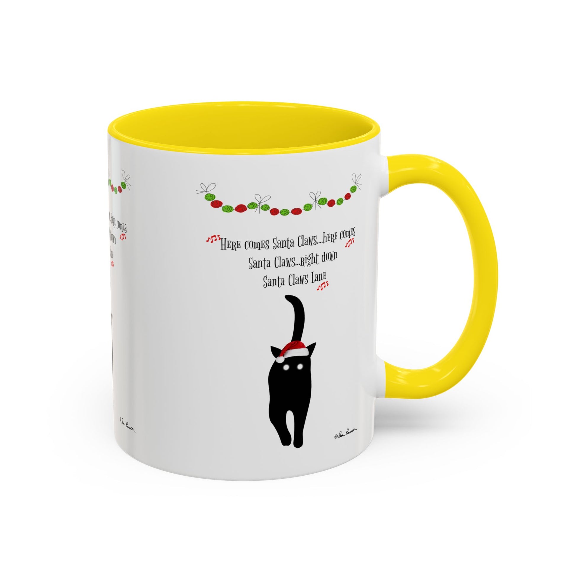 The Printify Festive-Cat Accent Coffee Mug is a white ceramic mug with a yellow handle and interior, featuring a black cat in a Santa hat and holiday garland—ideal as a holiday gift for cat-lovers.