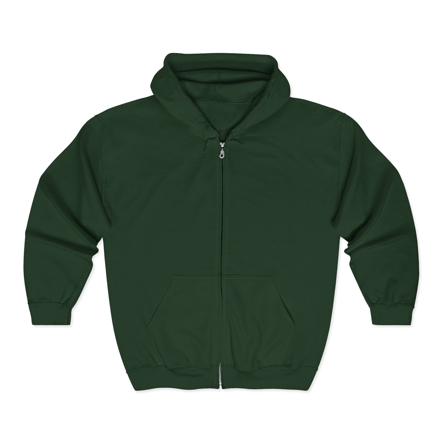 The Printify Unisex Sunflower Zip Hoodie features a full front zipper, two front pockets, and comes in dark green. Laid flat on a white background, this women's & men's sweatshirt combines comfort and style for any wardrobe.