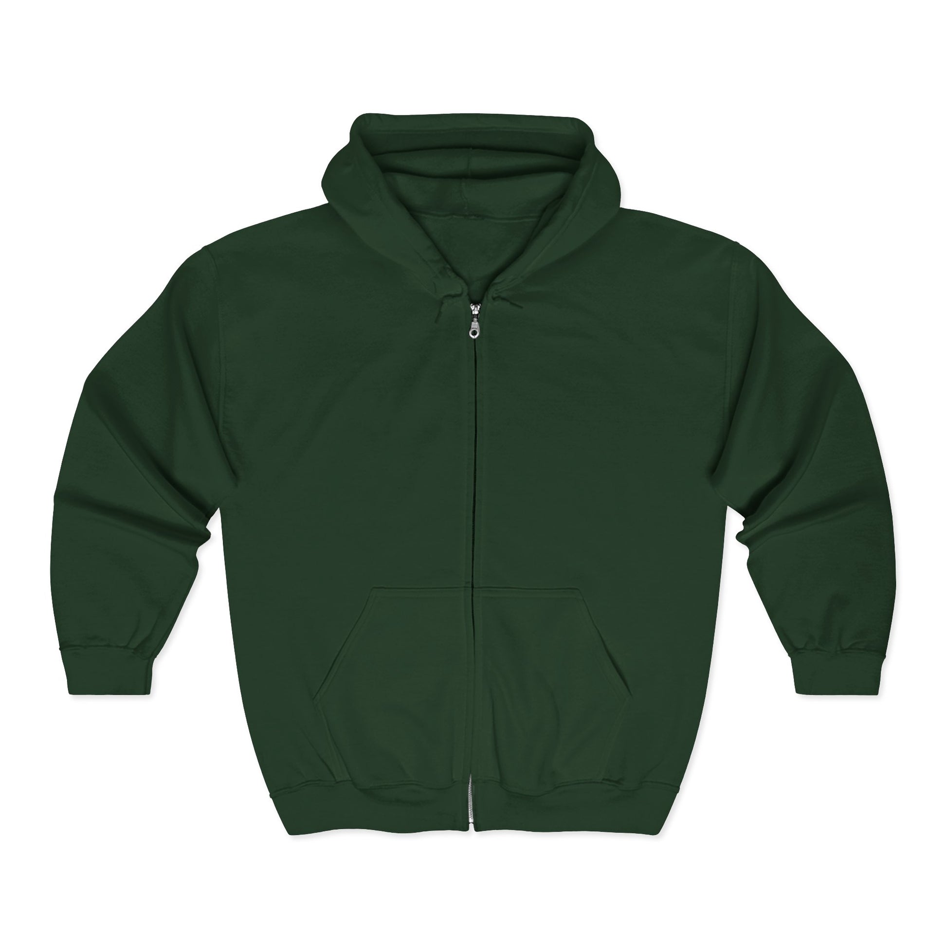 The Printify Unisex Sunflower Zip Hoodie features a full front zipper, two front pockets, and comes in dark green. Laid flat on a white background, this women's & men's sweatshirt combines comfort and style for any wardrobe.