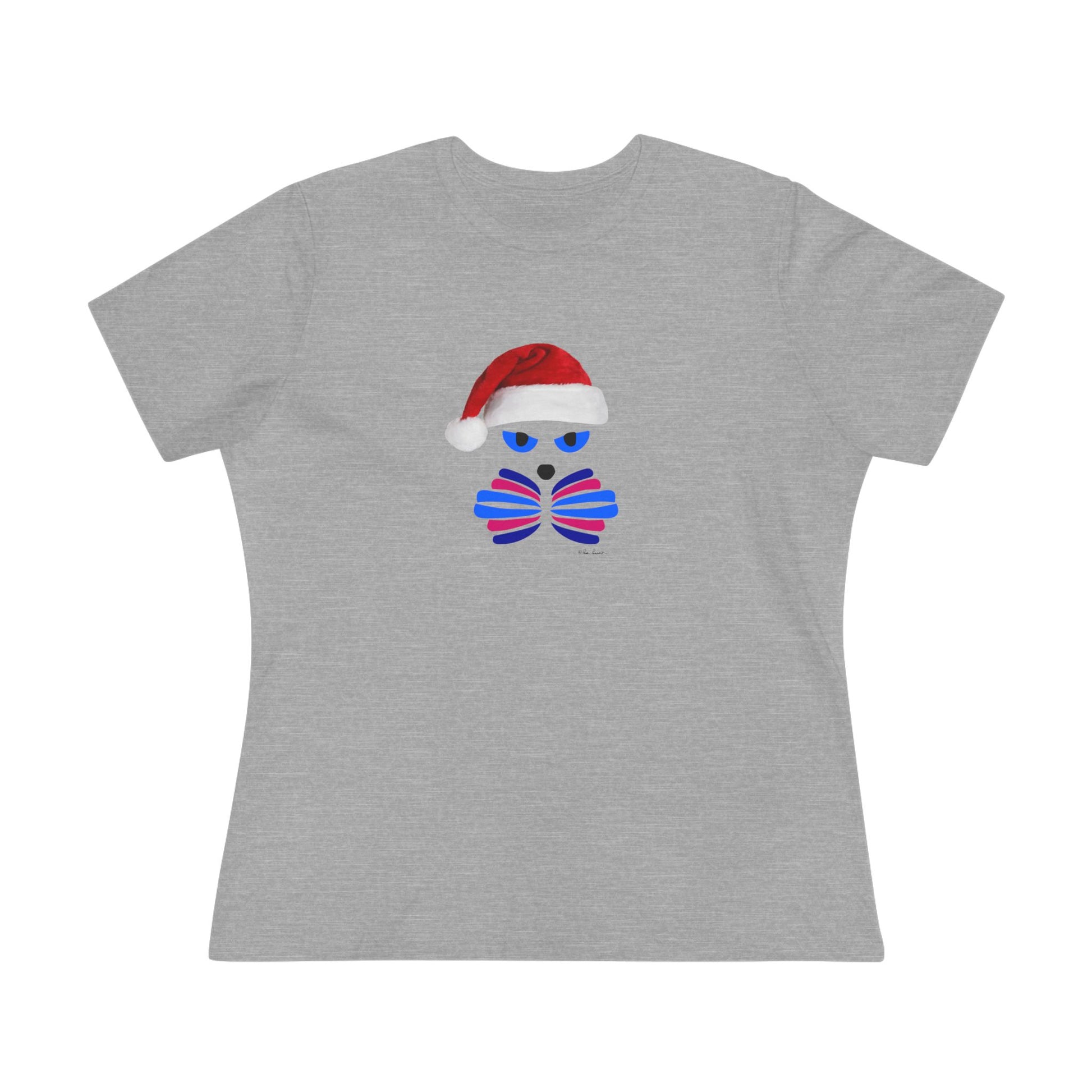 Printify’s Festive Women's Santa-Cat T-shirt features a blue-skulled cat in a red Santa hat and butterfly bowtie—perfect for adding a unique, cute twist to your holiday look. Made of cotton and available in 2 colors.