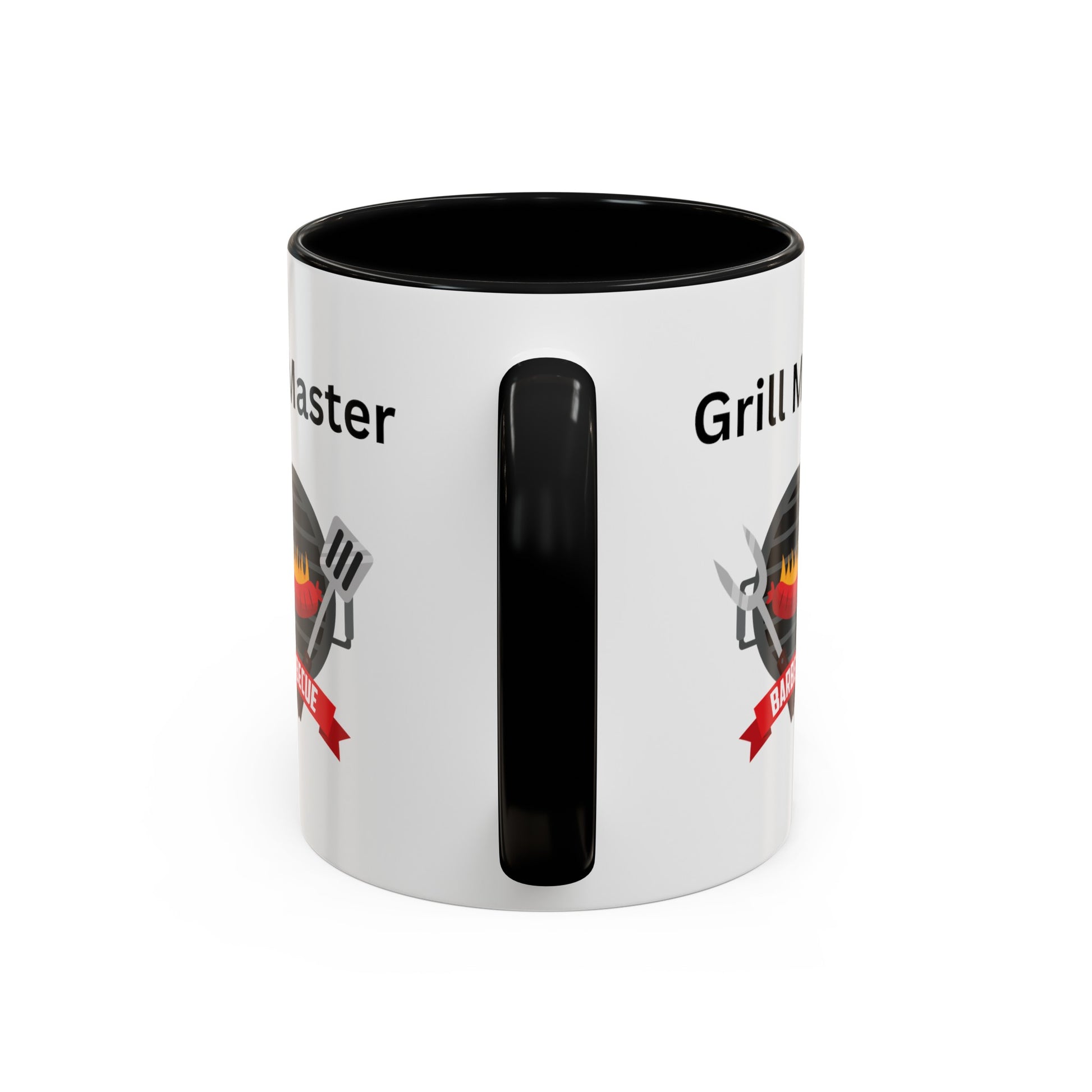 White coffee mug with a black interior, black handle, and a graphic of a grill with utensils and a red ribbon. Text reads, "Grill Master BBQ King." This custom Printify Grill Master Mug: Unisex; 11 oz; Ceramic; Graphics; Accented is perfect for the ultimate barbecue enthusiast.