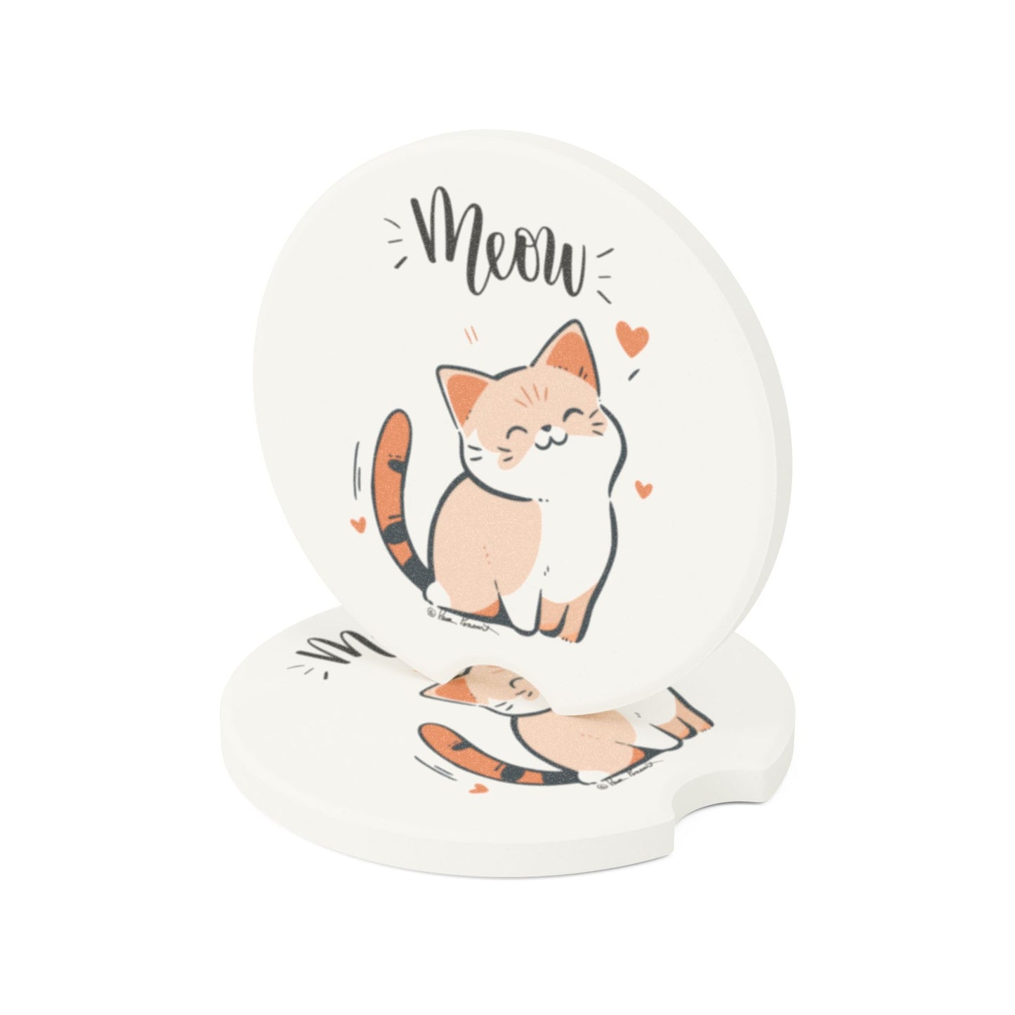 The Printify Cute-Cat Car Coasters: Unisex are perfect for cat enthusiasts, showcasing a delightful cartoon cat with hearts and the text "Meow" against a stylish white backdrop. These absorbent coasters are an ideal car accessory, bringing a touch of feline charm to your daily commute.