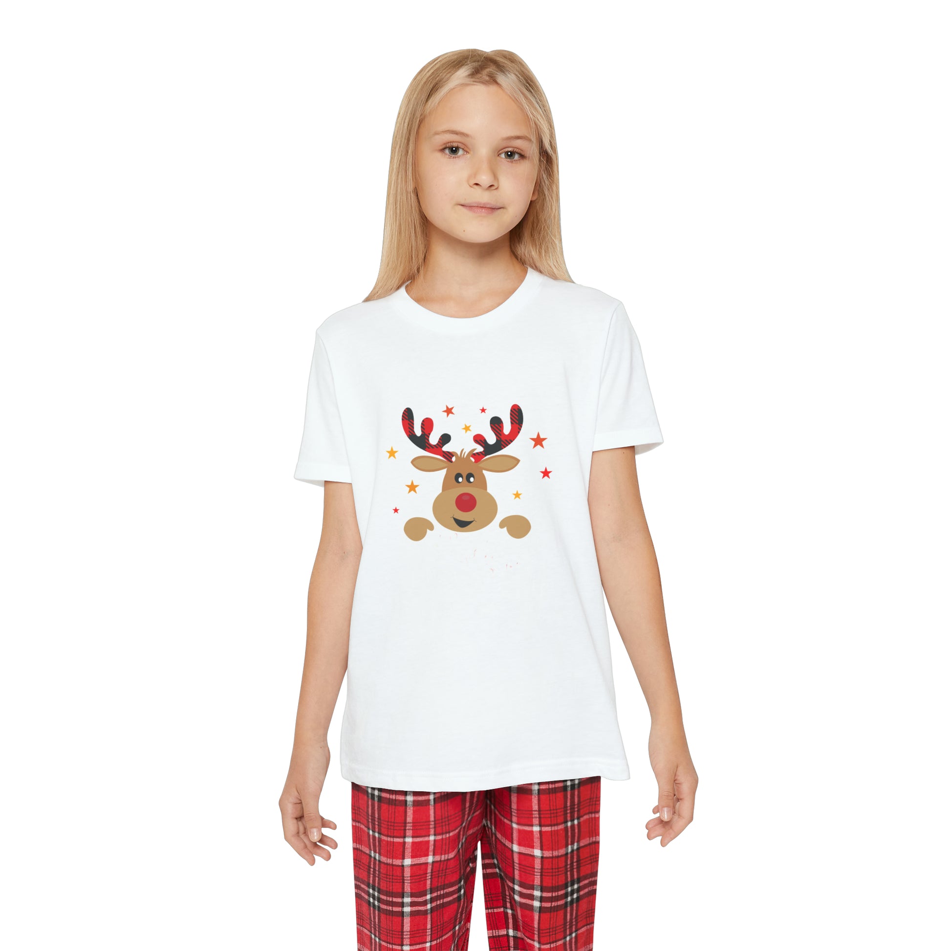 A young girl in Printify's Kids Holiday Pajama Set, featuring a reindeer t-shirt and plaid pajamas made with 100% cotton.