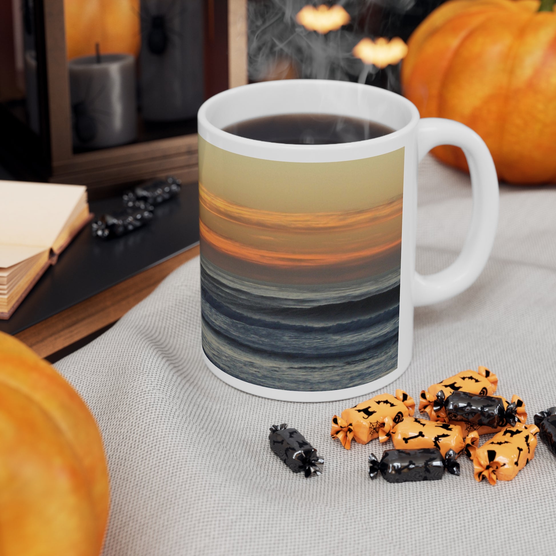Mock up of the mug with Halloween decorations and candy