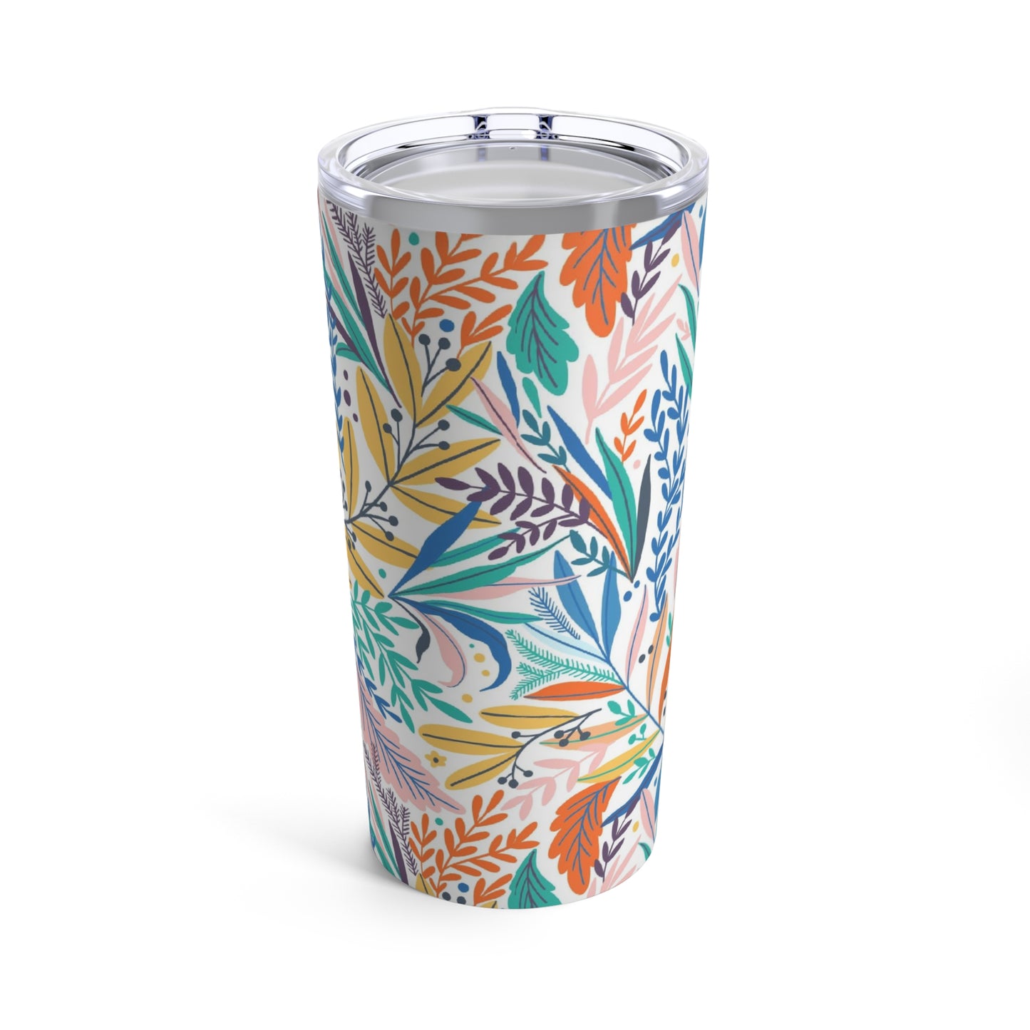 A colorful floral Printify insulated tumbler with a lid.