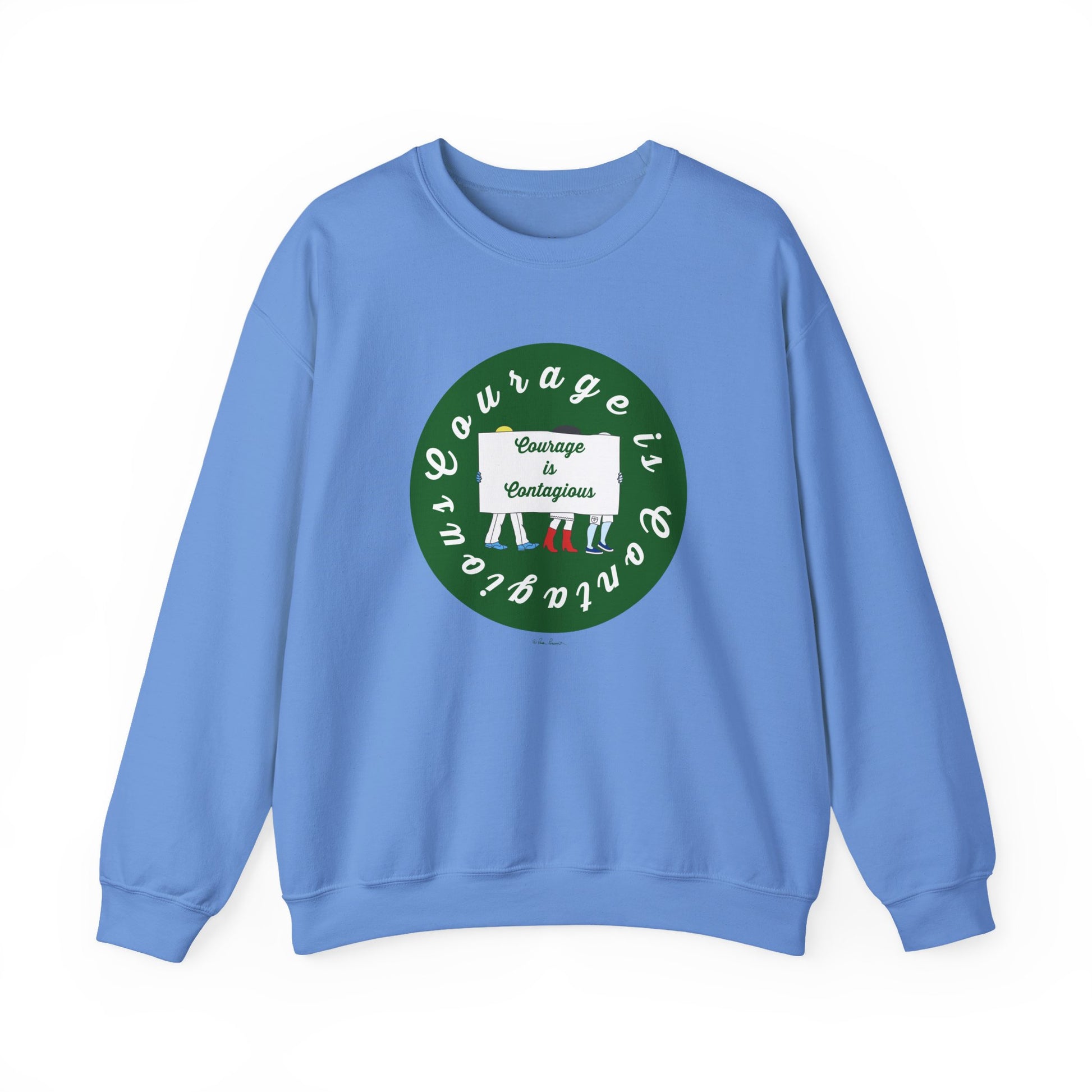 The Unisex Crewneck Sweatshirt: Courage is Contagious by Printify features a light blue color and a green-and-white circular graphic with the word "Courage" repeated—an inspiring addition to any wardrobe.