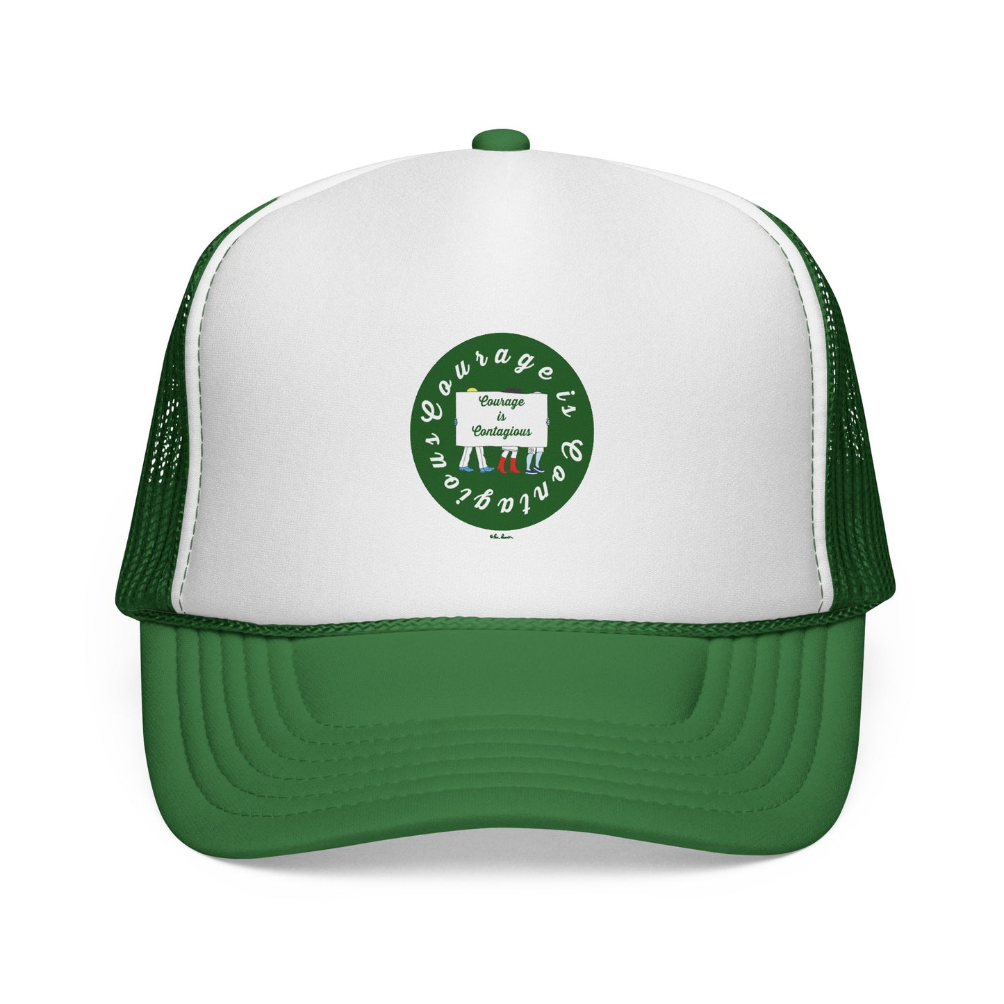 The Vintage Trucker Hat: Courage is Contagious Logo by Printify features a white and green design, circular "Courage is Contagious" logo, graphic details, and an adjustable snapback mesh back for comfort.