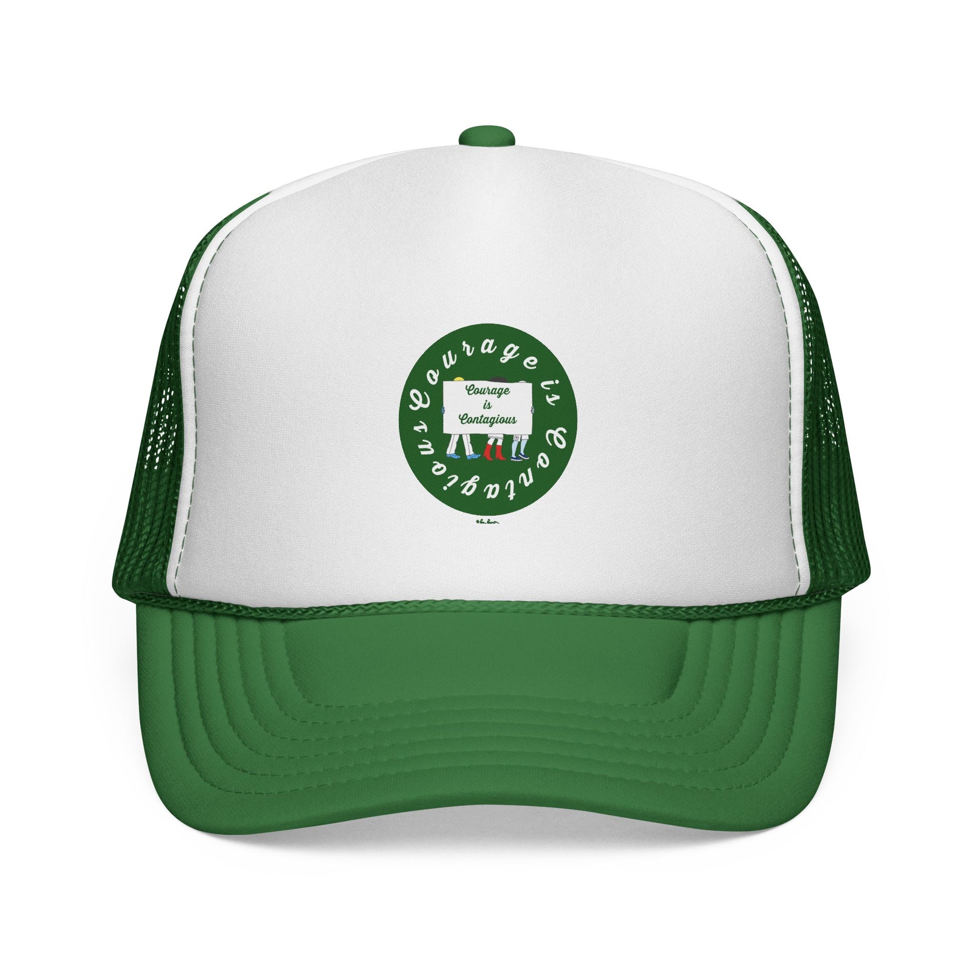 The Vintage Trucker Hat: Courage is Contagious Logo by Printify features a white and green design, circular "Courage is Contagious" logo, graphic details, and an adjustable snapback mesh back for comfort.