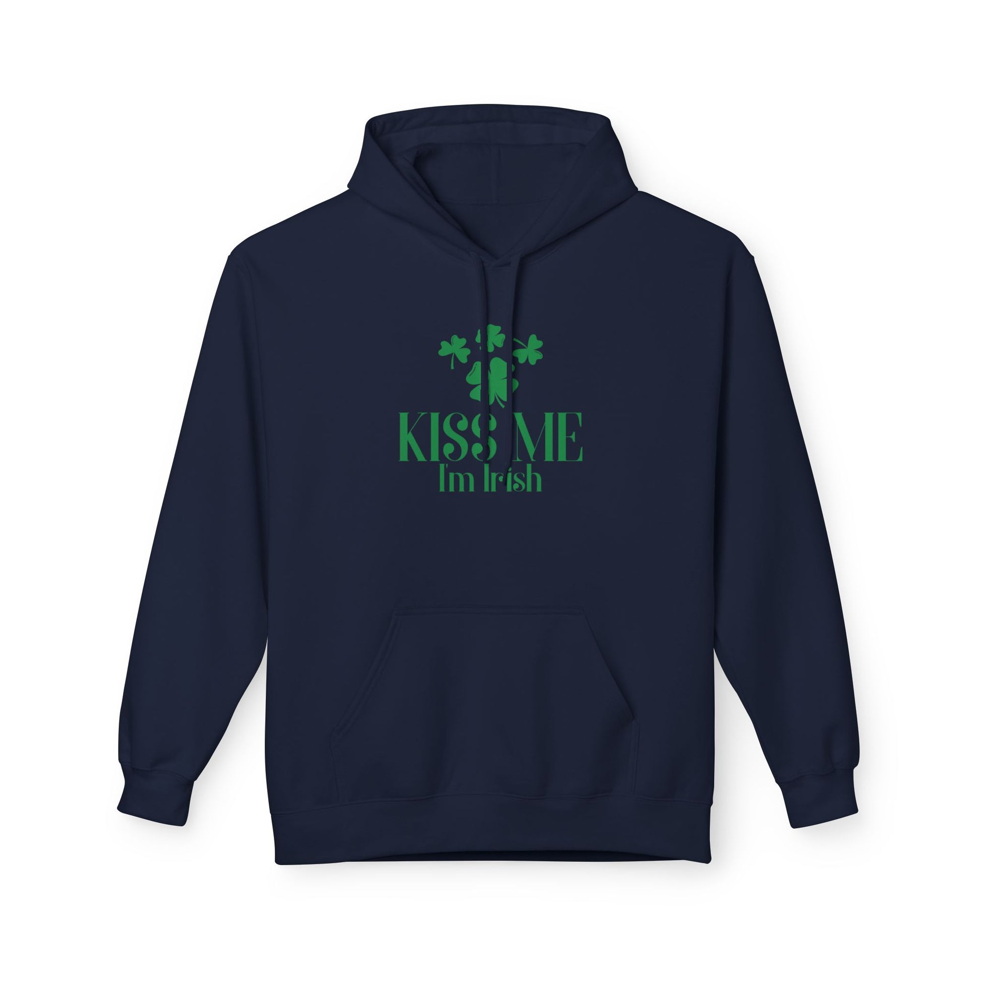 Show your Irish pride with the Printify Kiss-Me I'm Irish Hoodie: St. Patricks Day Shamrock Pullover—a navy blue hoodie with green shamrocks, perfect for St. Patrick’s Day or year-round celebrations!.