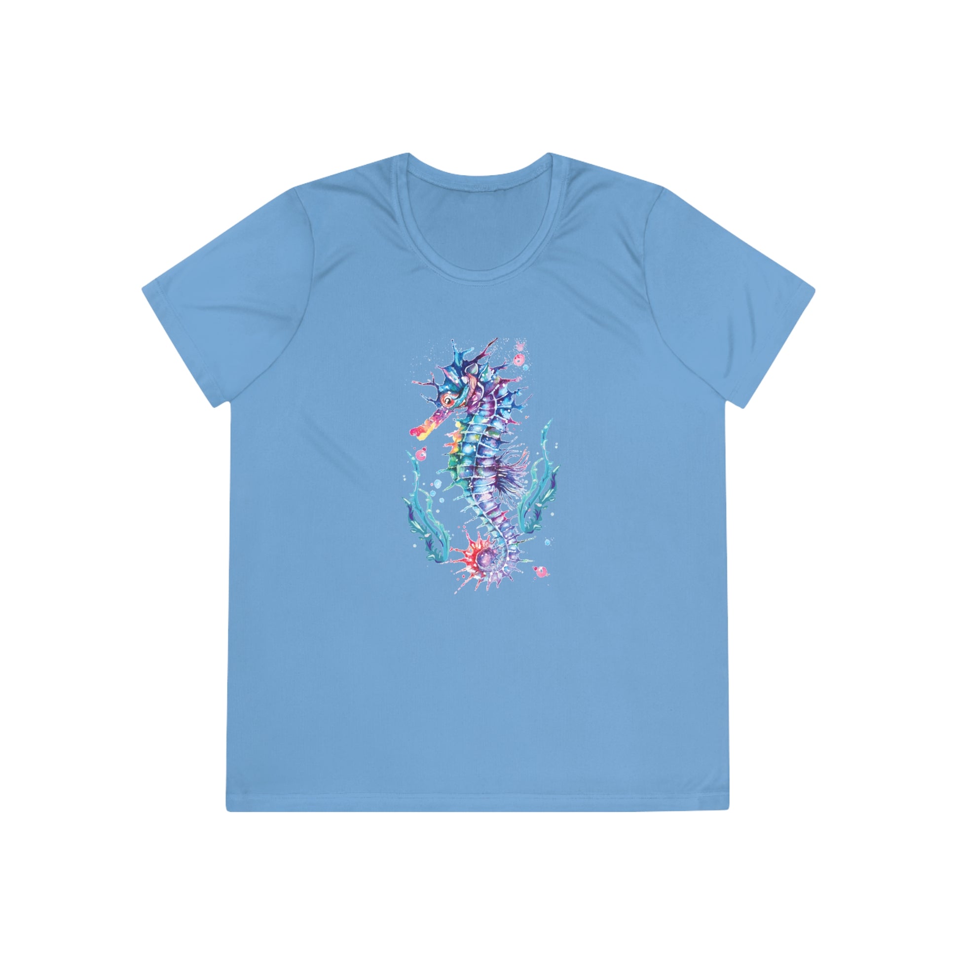 Experience the comfort of our light blue Moisture-wicking Ladies T-shirt: Seashorse, featuring a colorful seahorse graphic with various marine elements. This Sport Tek 350 shirt from Printify offers a feminine fit perfect for any casual outing.