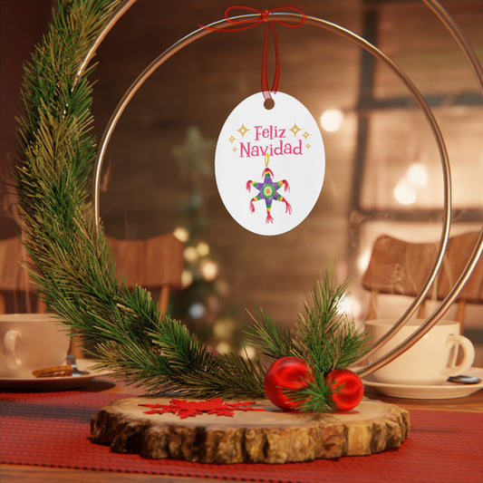 A Christmas-themed table decoration from Printify exuding festive charm showcases pine sprigs, a red bow, and a tag that reads "Feliz Navidad," all beautifully arranged in an oval frame reminiscent of their Feliz Navidad Metal Ornament.