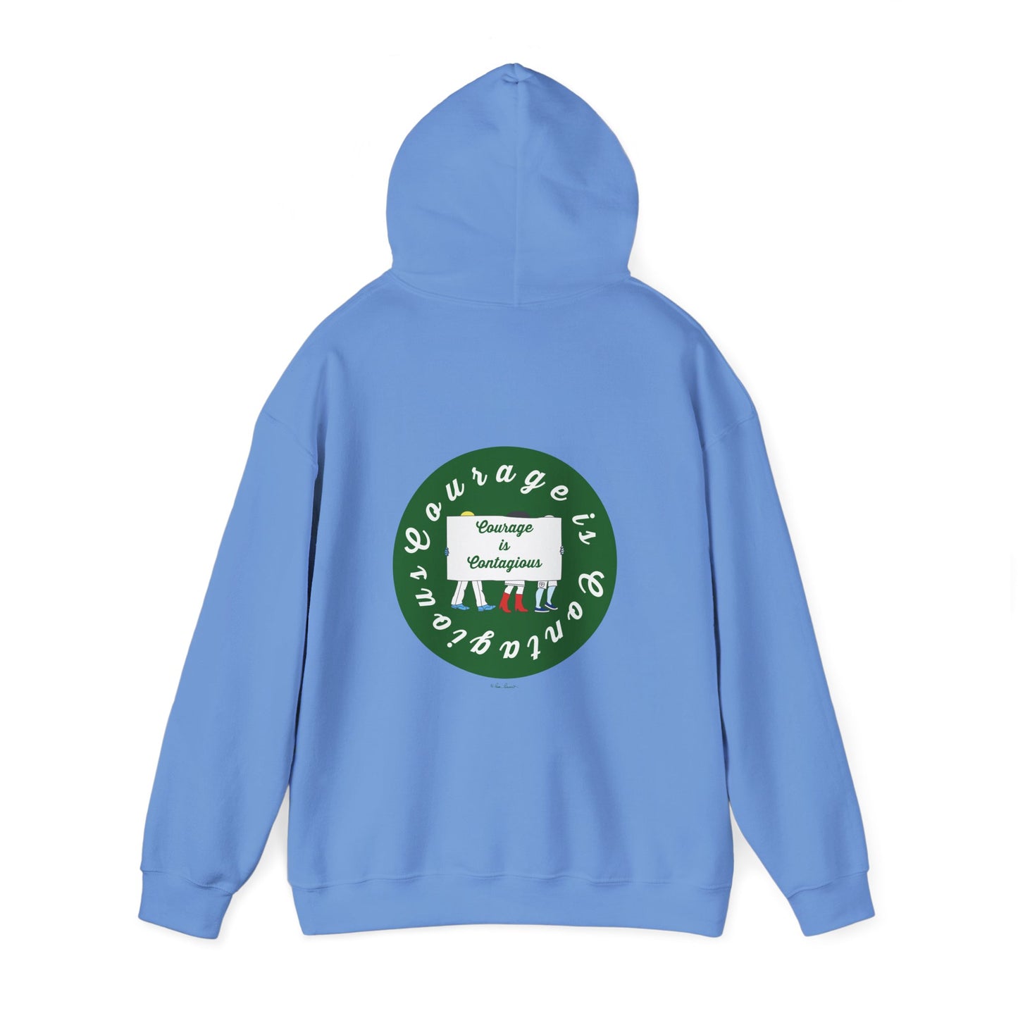 The Courage Is Contagious Hoodie by Printify is a light blue, mid-weight sweatshirt with a hood, featuring a large green circle graphic on the back with “Courage is Contagious” and three people standing together for mental health awareness.