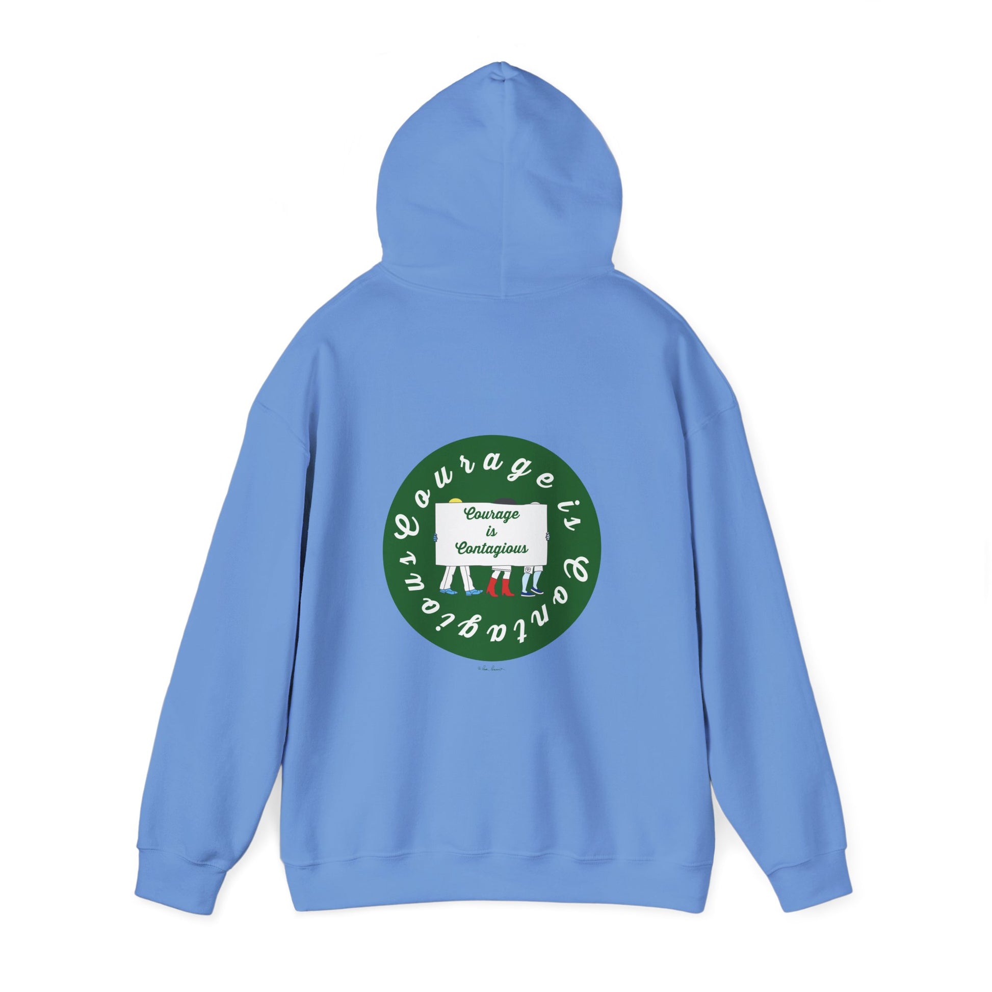 The Courage Is Contagious Hoodie by Printify is a light blue, mid-weight sweatshirt with a hood, featuring a large green circle graphic on the back with “Courage is Contagious” and three people standing together for mental health awareness.