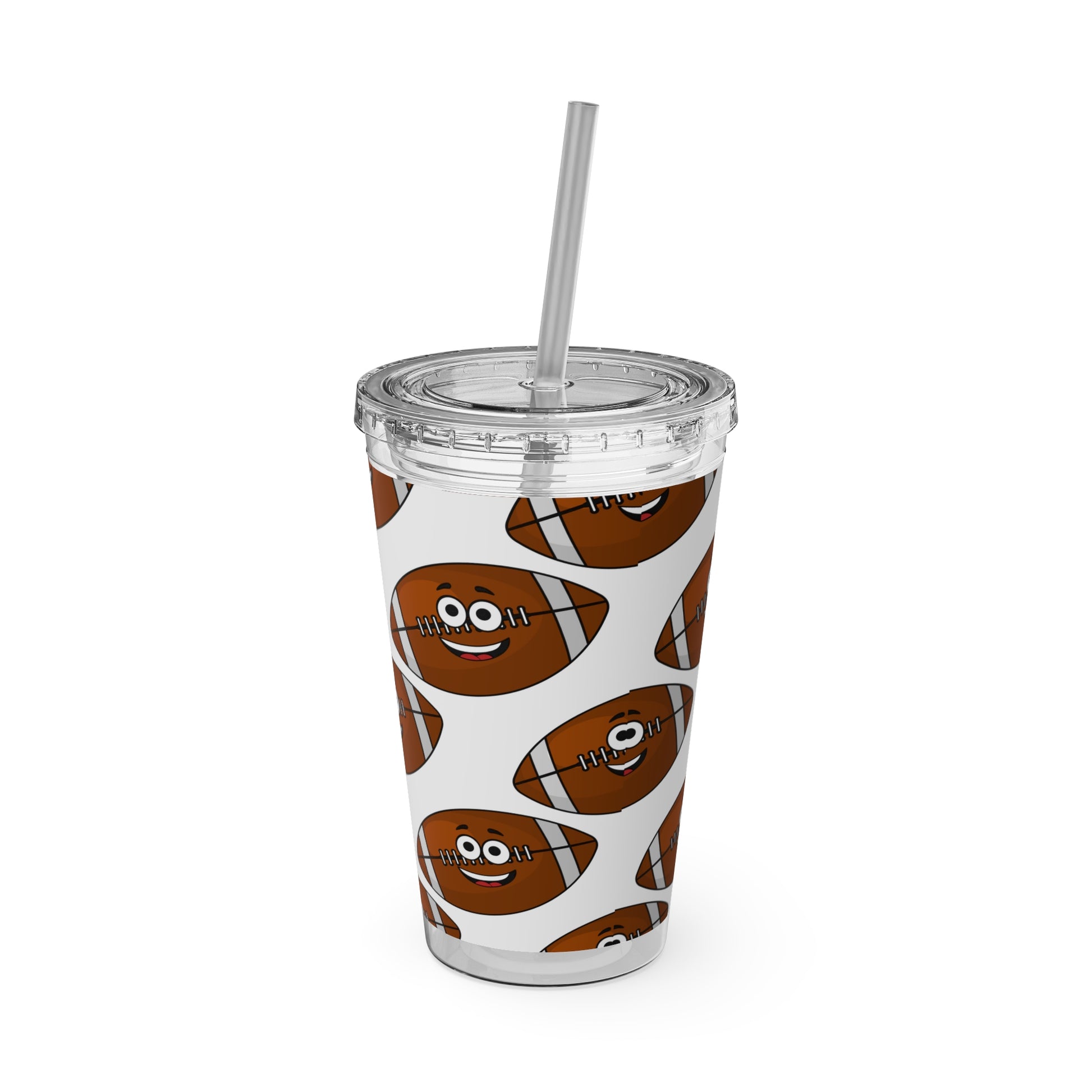 An acrylic Printify Football Fan Tumbler with a straw and a smiley face, American made.