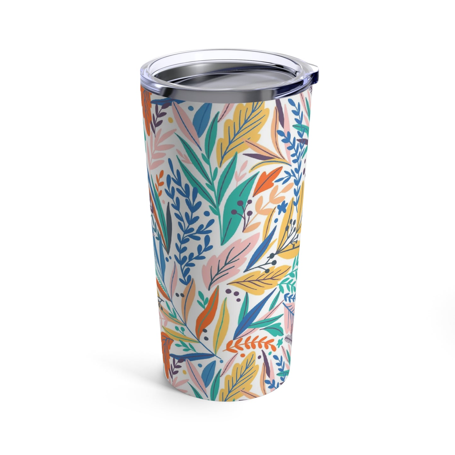 A Printify stainless steel insulated tumbler with colorful leaves and flowers on it.