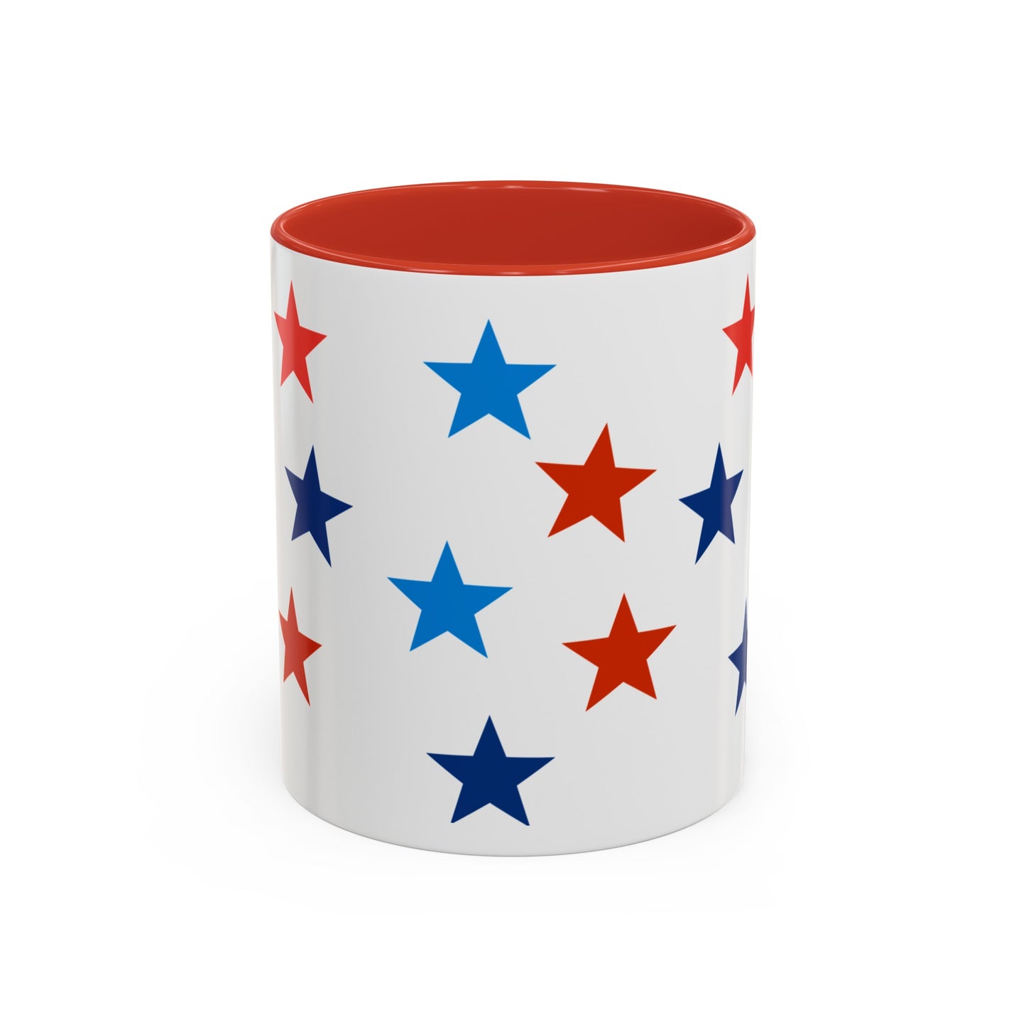 This American-made Printify Patriotic Coffee Mug: 11 oz.; 2 Accent colors; Ceramic features a vibrant pattern of red, blue, and dark blue stars with a bold red interior. Plus, it's dishwasher and microwave safe for added convenience.