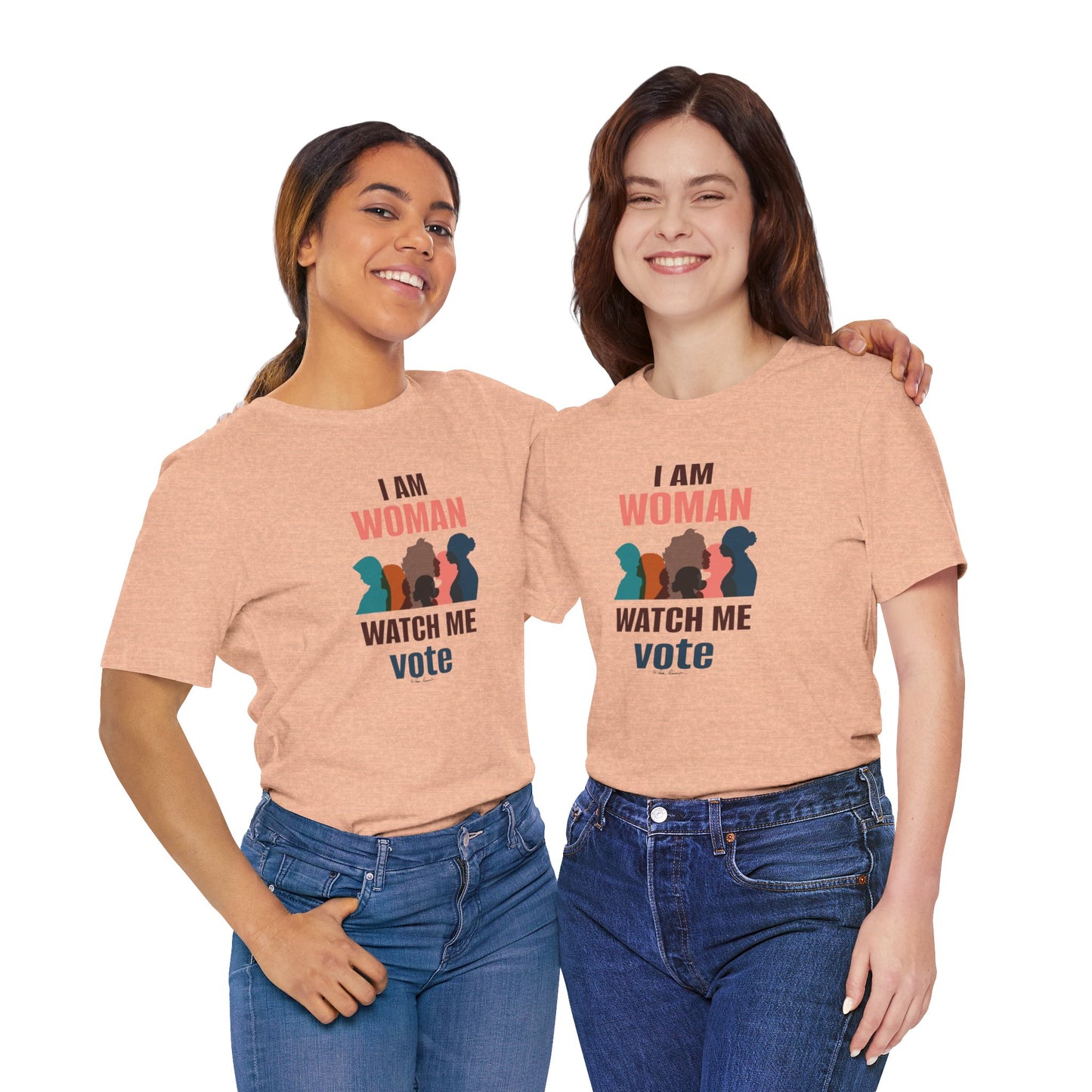 Two women smiling and wearing matching Printify Bella+Canvas Voting Women's T-shirts with the text "i am woman watch me vote" on a plain background.