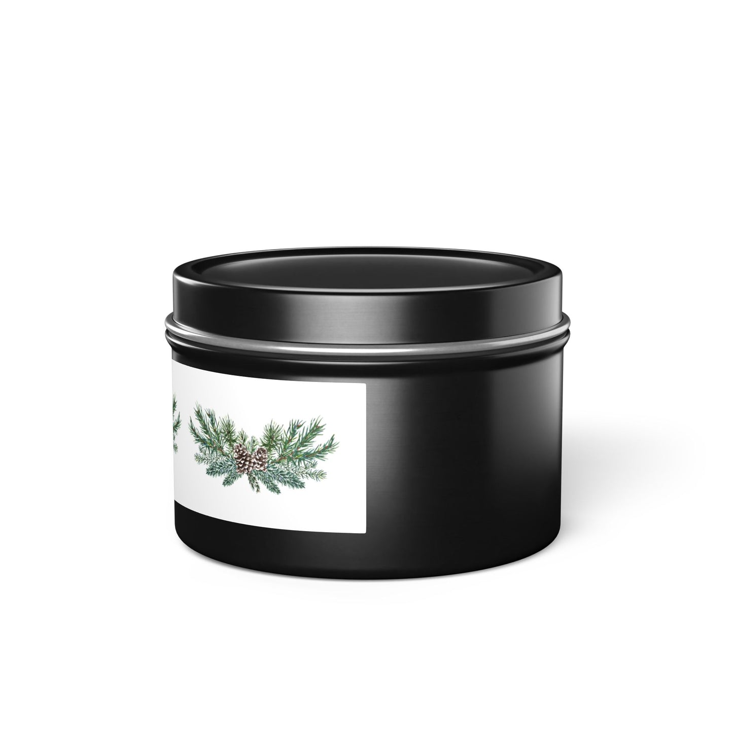 The black cylindrical container, from Printify's Holiday-Inspired Pinecone Tin-Candles collection in the Evergreen scent, features a label with a sprig of pine and pine cones, providing an eco-friendly option infused with a soothing fragrance.