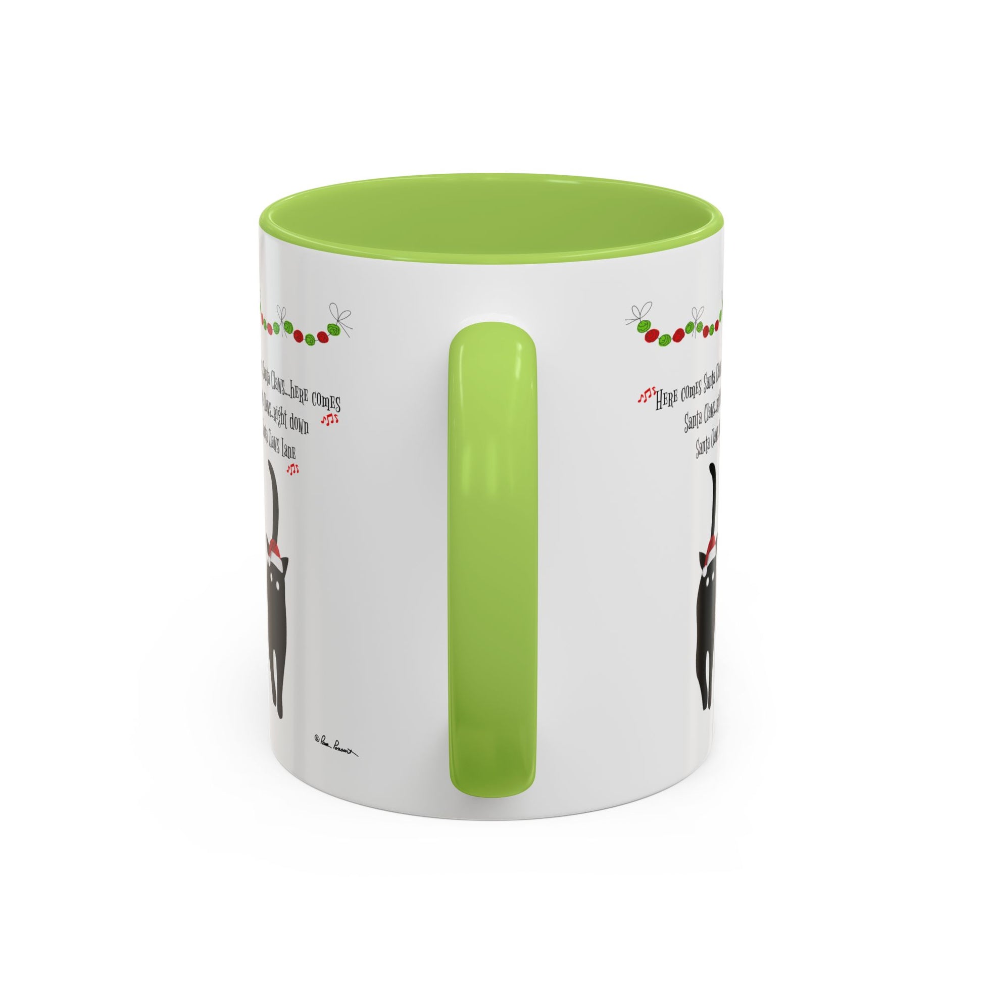 The Printify Festive-Cat Accent Coffee Mug: Holiday Gift for Cat-Lovers features a white ceramic design with green handle and interior, a festive cat illustration, and cheerful text—ideal for holiday gifting to cat enthusiasts.