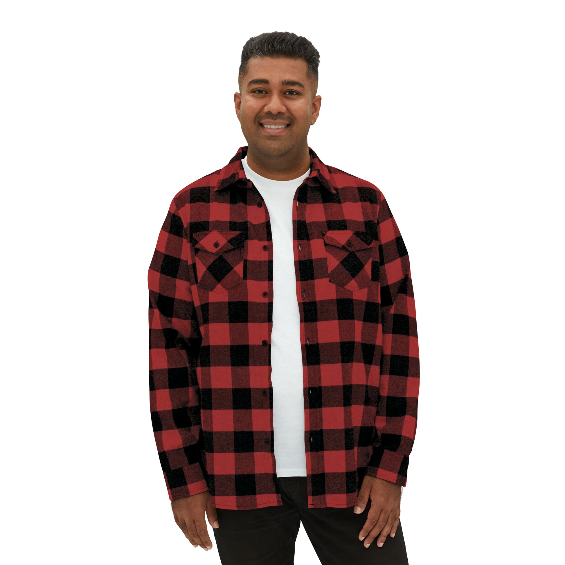 A man wearing a Printify unisex flannel shirt in 2 colors; long sleeve, made of cotton blend fabric.