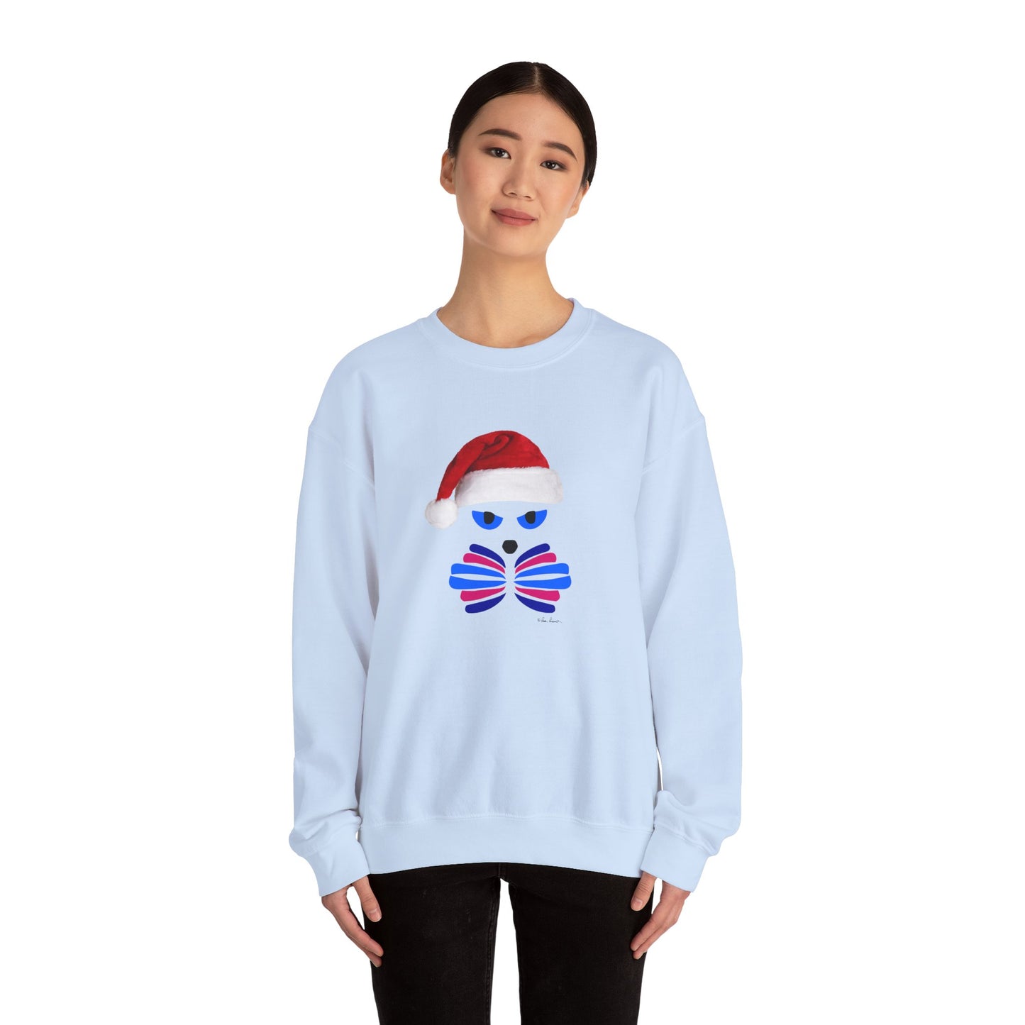 A person wearing the Printify Santa Cat Sweatshirt—a festive unisex crewneck featuring a graphic cat in a Santa hat—stands against a white background, making it ideal for fans of fun holiday pullovers.