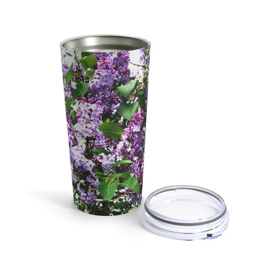 Purple Lilacs Tumbler by Printify, featuring stainless steel construction.