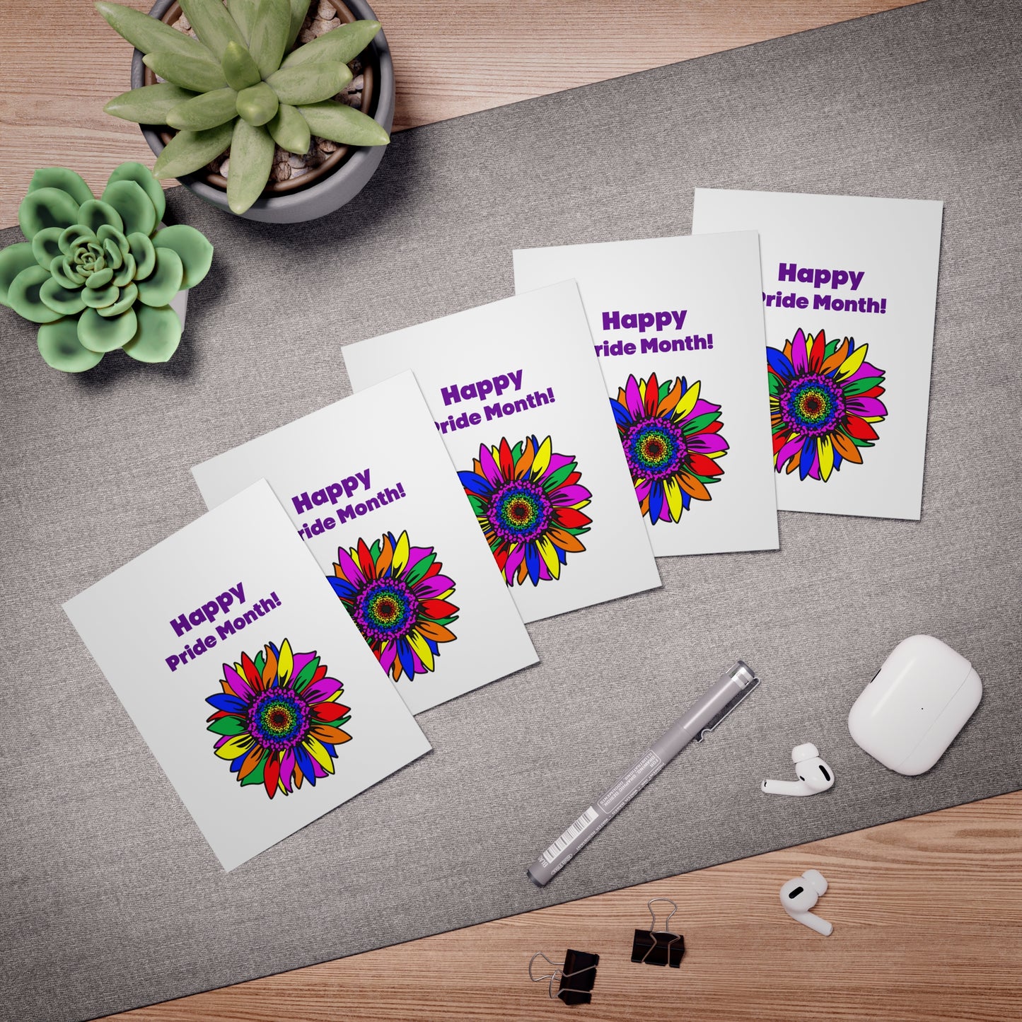 Rainbow Sunflower Note Cards: 5-piece set; Printed; Blank inside