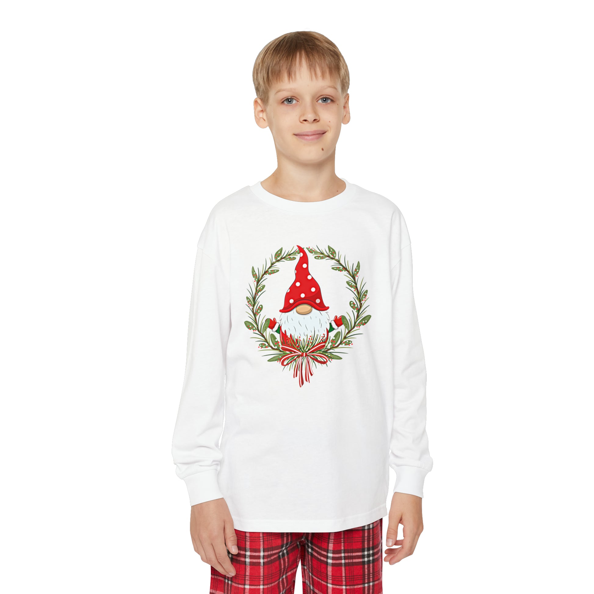 A youth wearing a Printify Youth Holiday-Gnome Long-Sleeve Pajama Set.