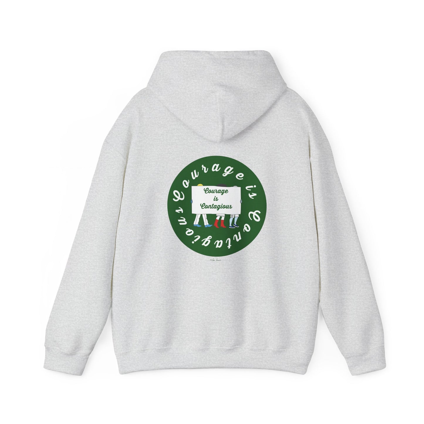 The Printify Courage Is Contagious Hoodie: Mental Health Awareness is a light gray, mid-weight hoodie with an ethical design and a green graphic of three people on the back holding a "Courage is Contagious" sign.