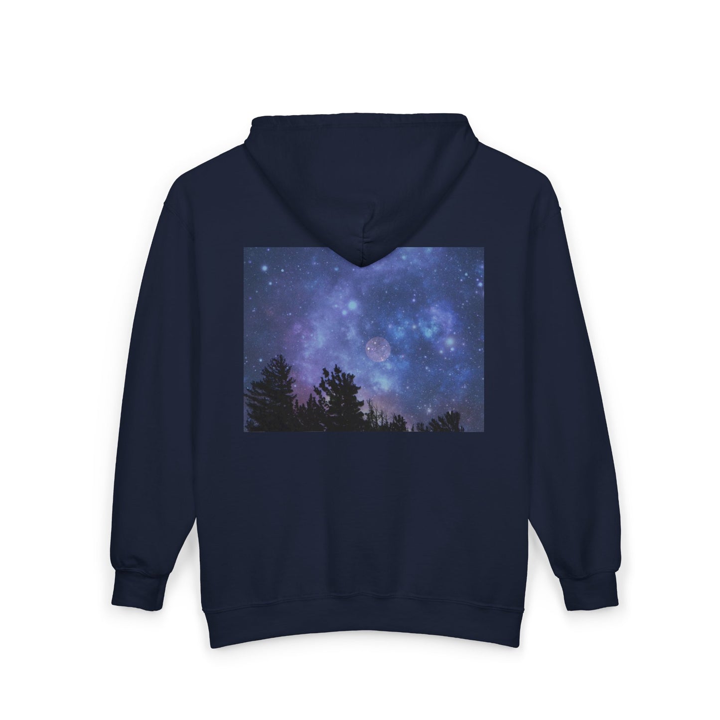 The Printify Galaxy Night-Sky Zip Hoodie is a cozy unisex hoodie with a back print showing a starry night sky and silhouetted trees.