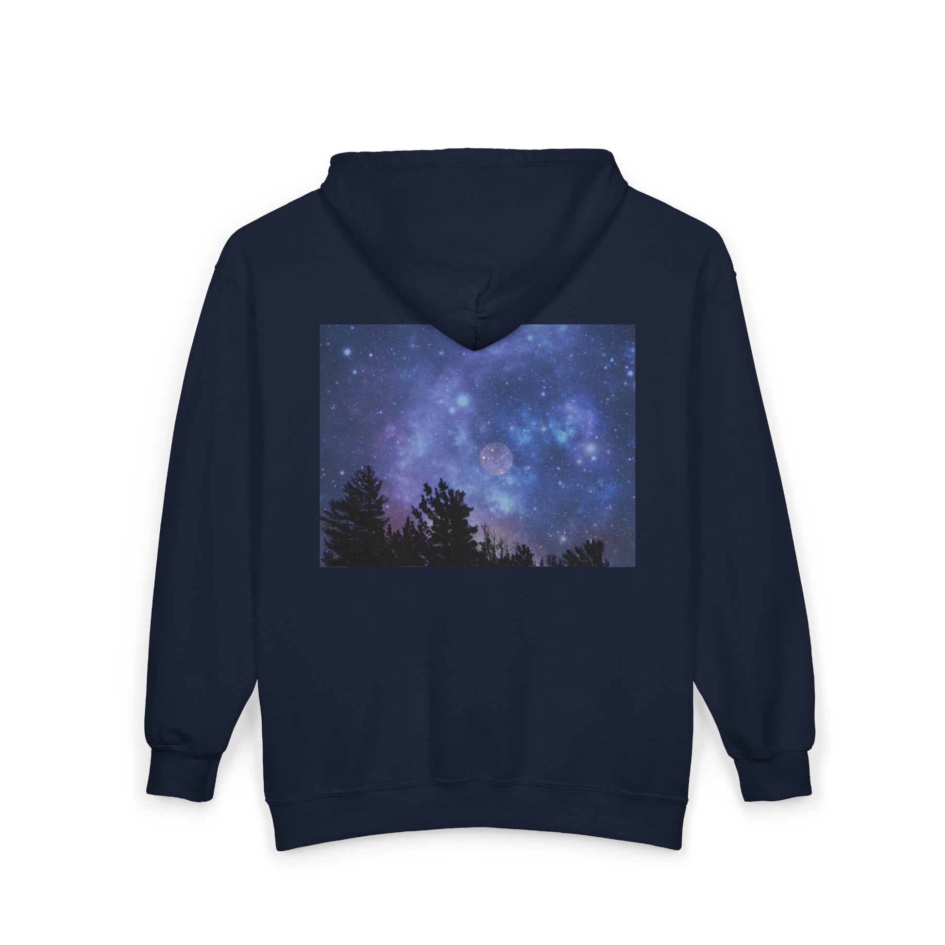 The Printify Galaxy Night-Sky Zip Hoodie is a cozy unisex hoodie with a back print showing a starry night sky and silhouetted trees.