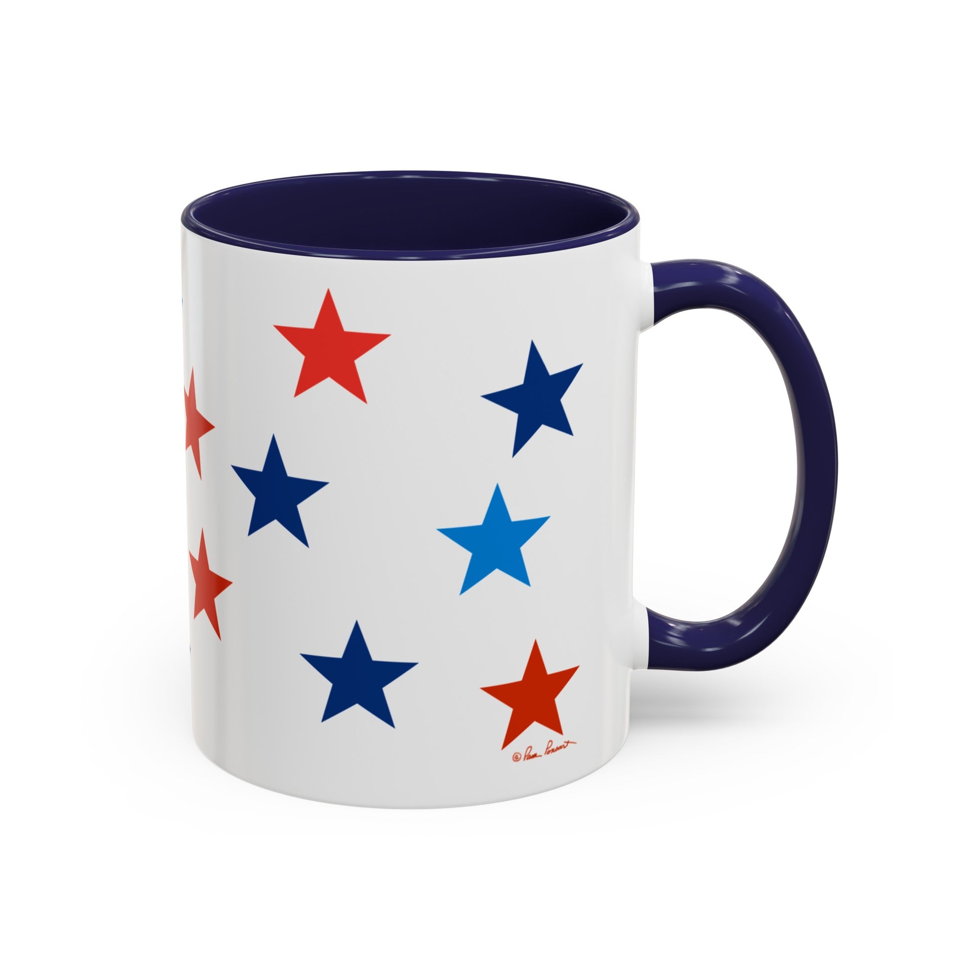 A Patriotic Coffee Mug: 11 oz.; 2 Accent colors; Ceramic, with a dark blue interior and handle, featuring a pattern of red, blue, and light blue stars on the exterior. This Printify coffee mug is American made and dishwasher and microwave safe.