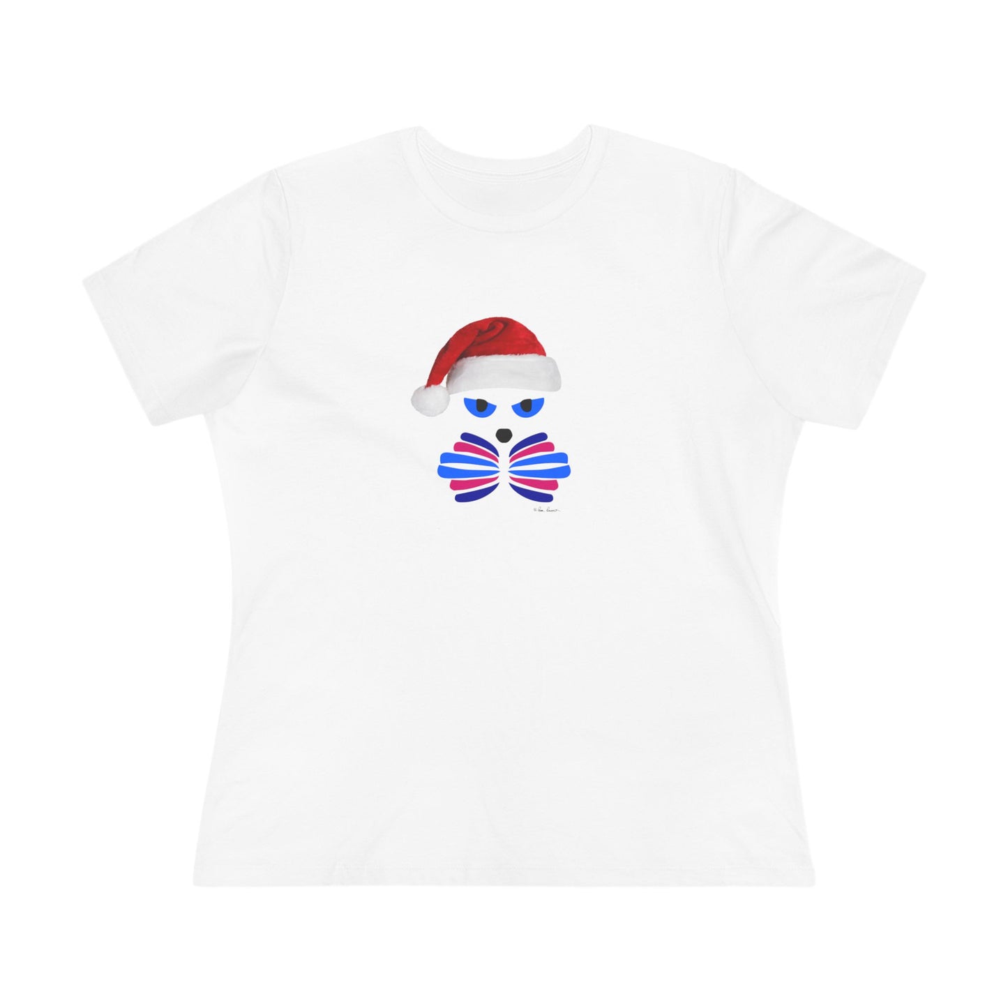 The Festive Women's Santa-Cat T-shirt by Printify is a cute cotton holiday tee, available in 2 colors, featuring a playful cat with a Santa hat—perfect for fans of whimsical Christmas shirt designs.