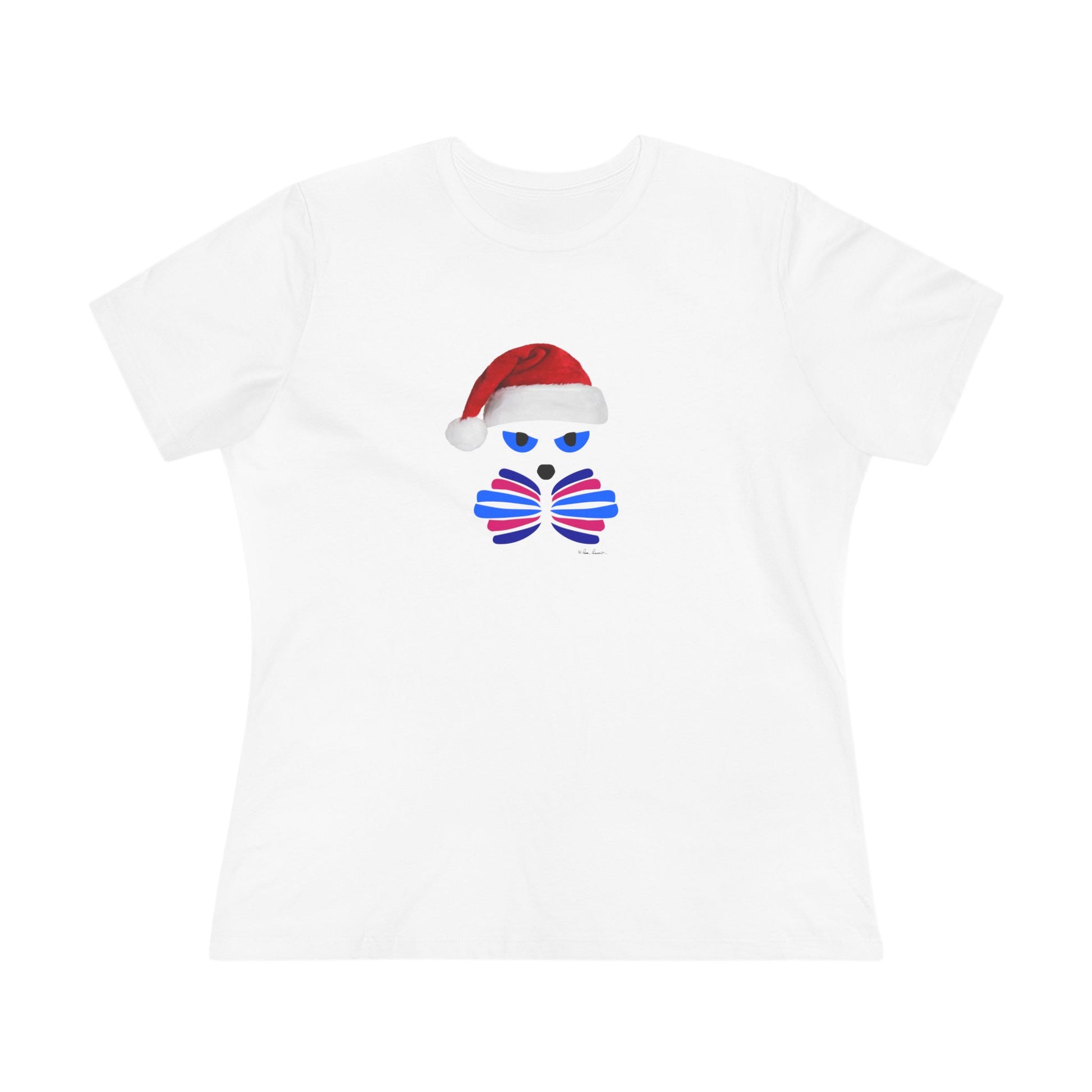 The Festive Women's Santa-Cat T-shirt by Printify is a cute cotton holiday tee, available in 2 colors, featuring a playful cat with a Santa hat—perfect for fans of whimsical Christmas shirt designs.