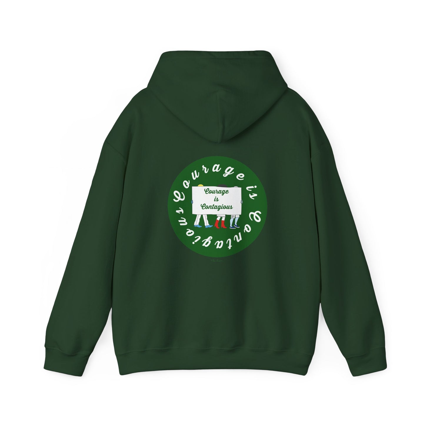 The Printify Courage Is Contagious Hoodie: Mental Health Awareness features a dark green, mid-weight, ethically made design with a back graphic of three people holding a “Courage is Contagious” banner.