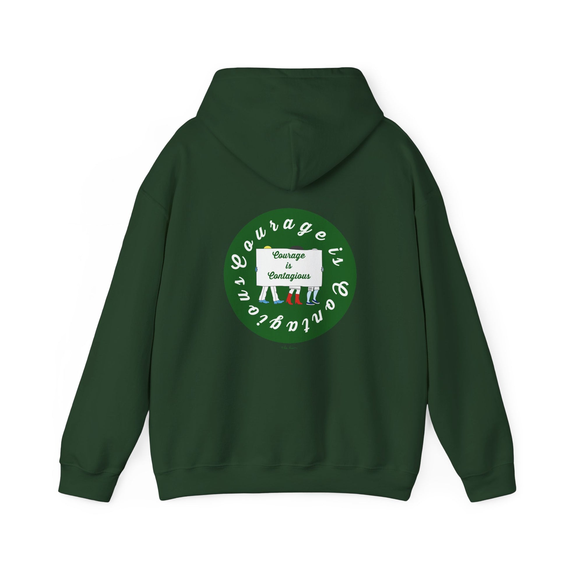 The Printify Courage Is Contagious Hoodie: Mental Health Awareness features a dark green, mid-weight, ethically made design with a back graphic of three people holding a “Courage is Contagious” banner.