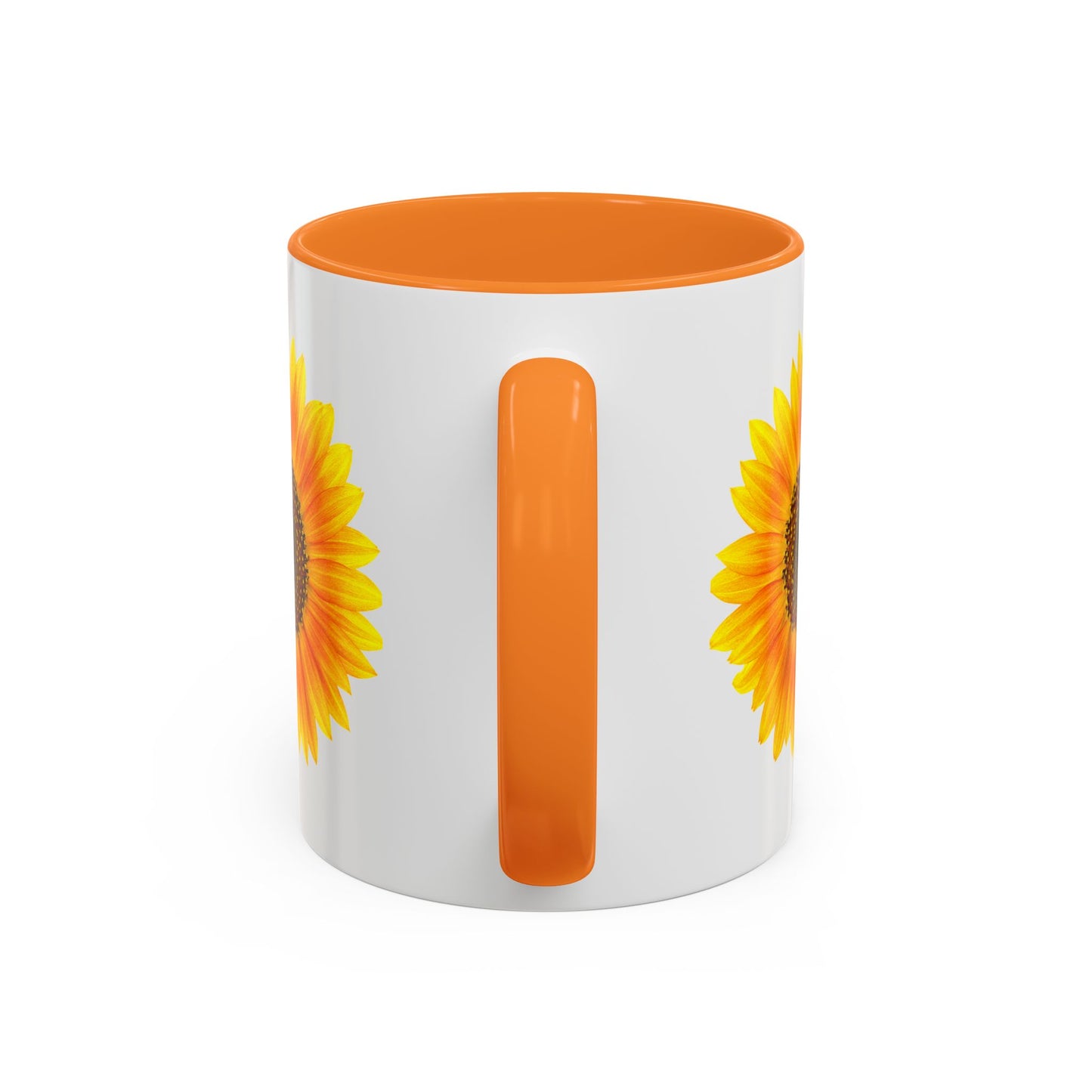 The Printify Sunflower Coffee Mug: Bright Floral | 11oz features sunflower designs on both sides, an orange handle and interior, and ORCA ceramic coating for lasting vibrancy—ideal as a personalized mug for daily coffee.