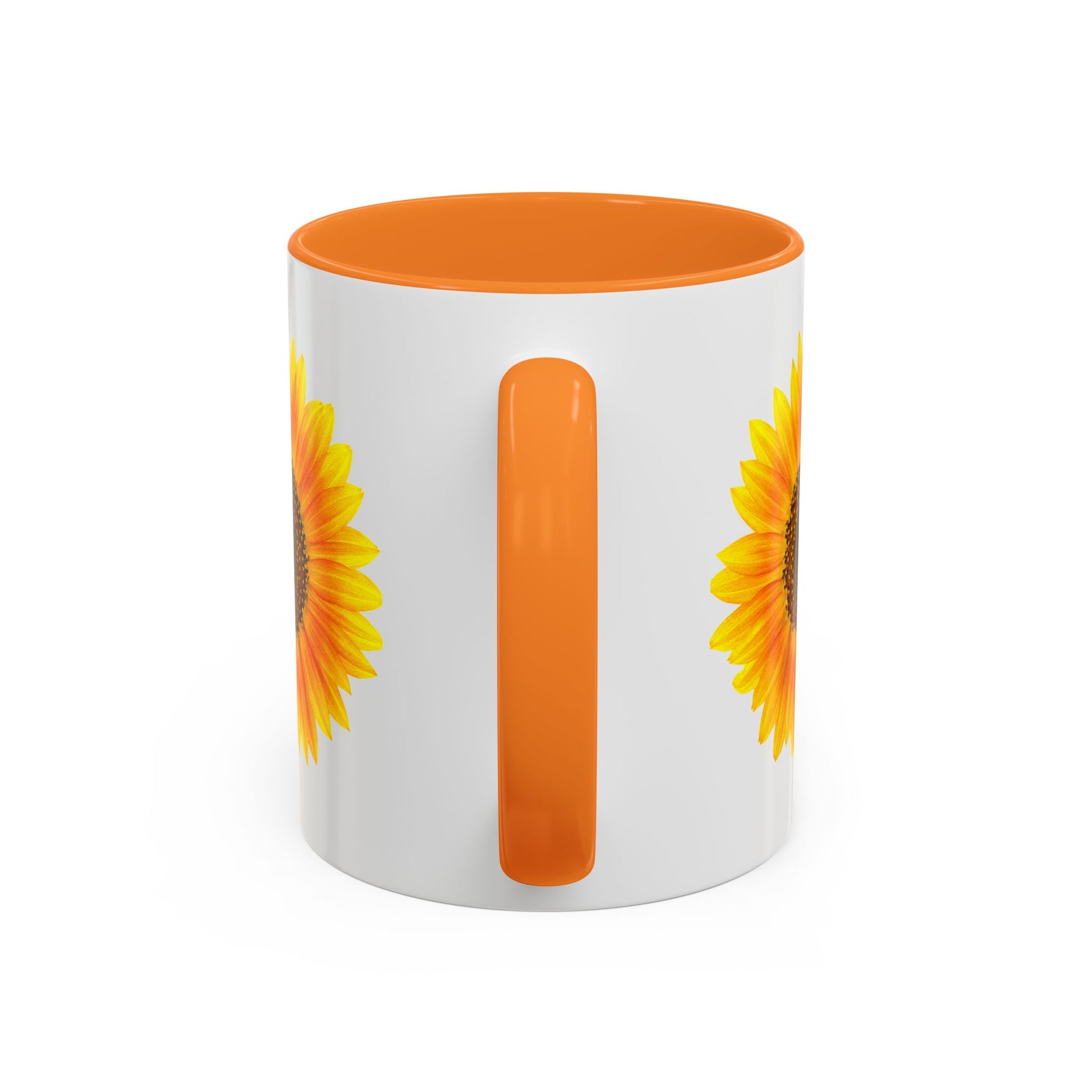 The Printify Sunflower Coffee Mug: Bright Floral | 11oz features sunflower designs on both sides, an orange handle and interior, and ORCA ceramic coating for lasting vibrancy—ideal as a personalized mug for daily coffee.
