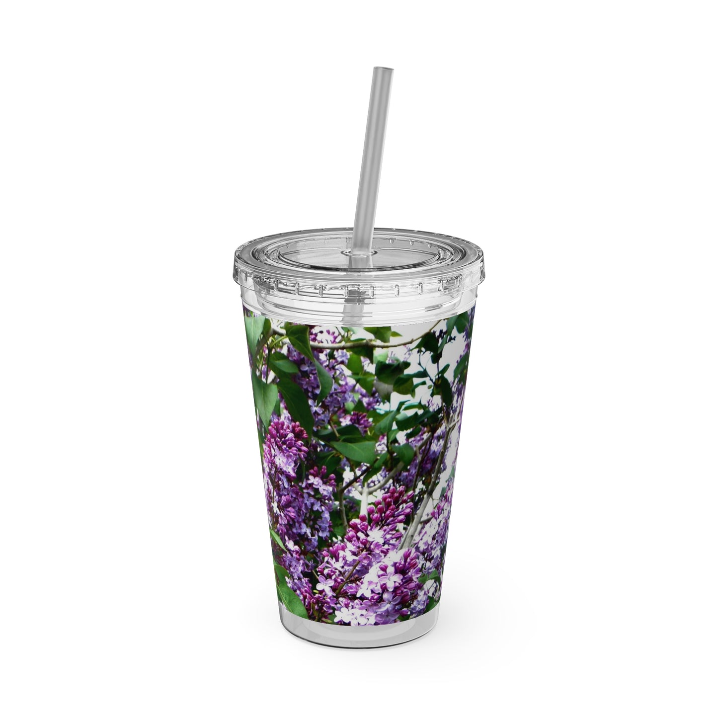 A Purple Lilacs Tumbler: 16 oz.; Lid & Straw; Acrylic; BPA-free cup with a straw by Printify.