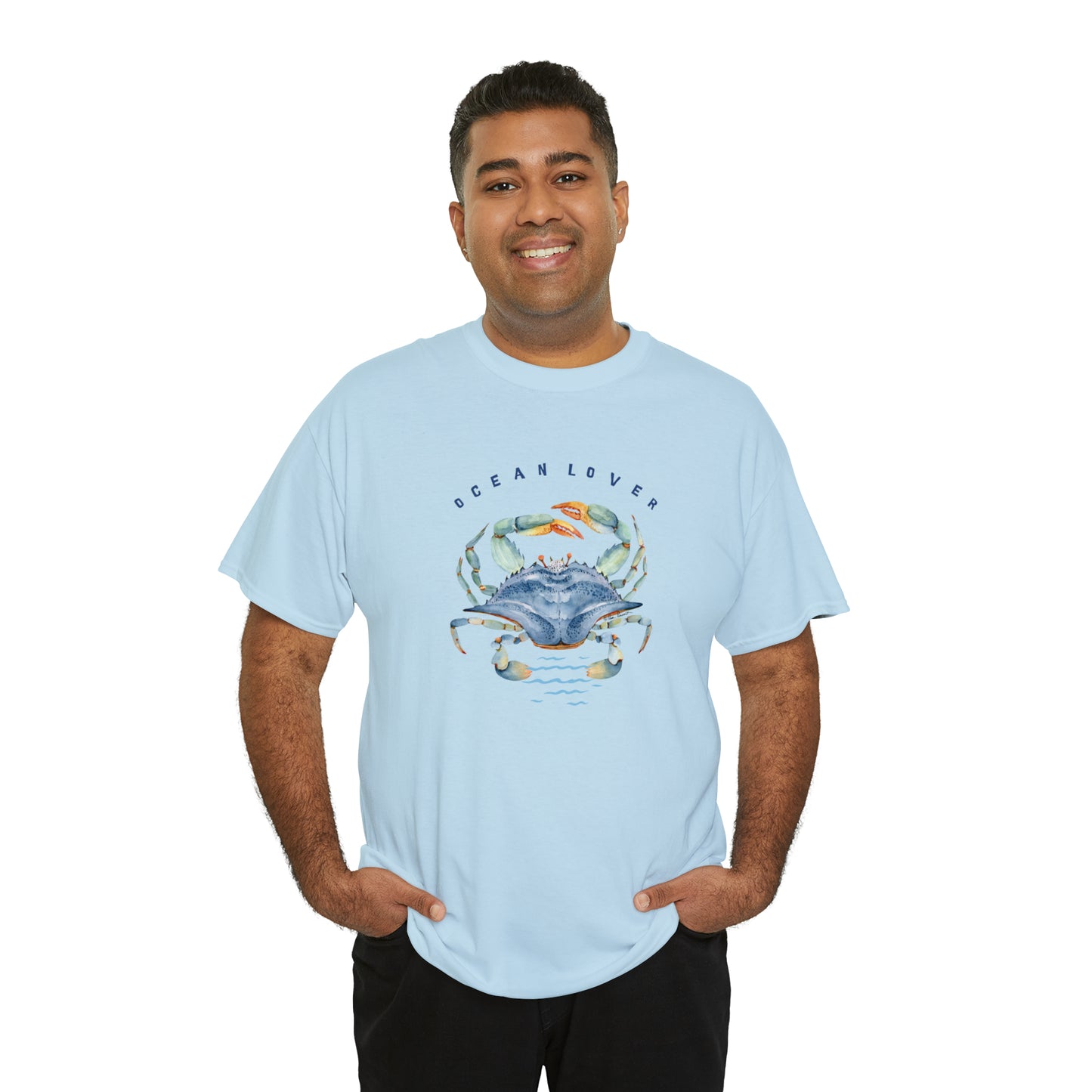 Mock up of the Light Blue shirt on a dark-skinned man