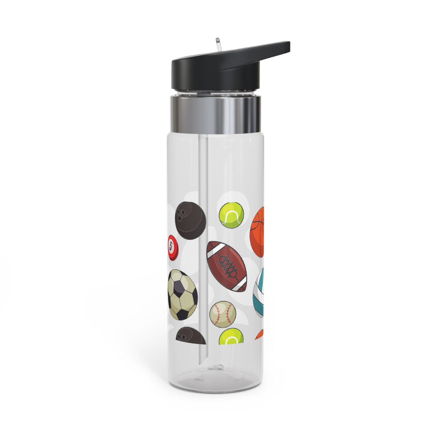 A Printify Sports Fan Water Bottle: 20 oz.; Unisex; Kensington Tritan™ with different sports balls on it, perfect for any sports fan.