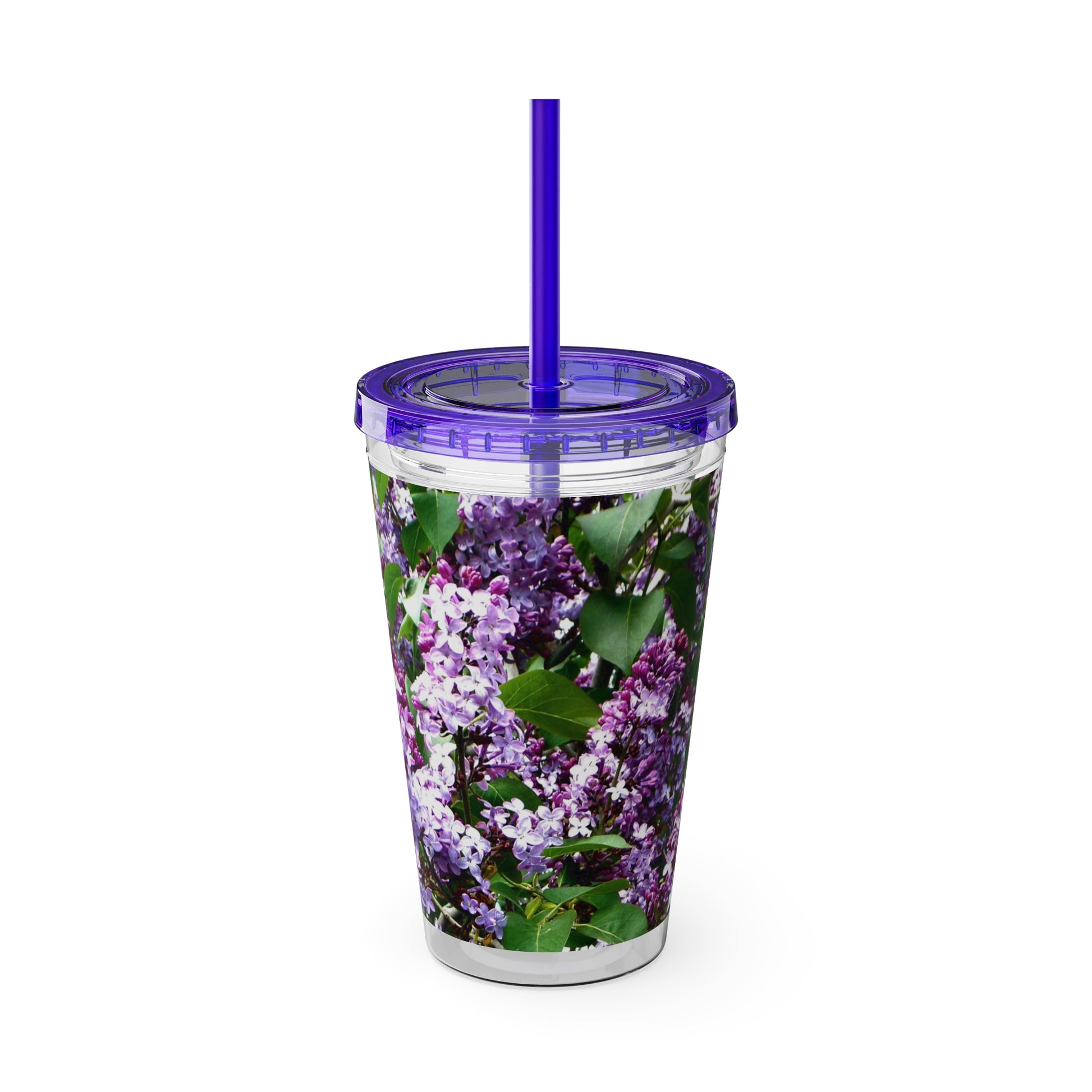 Acrylic Purple Lilacs Tumbler with a purple straw from Printify.