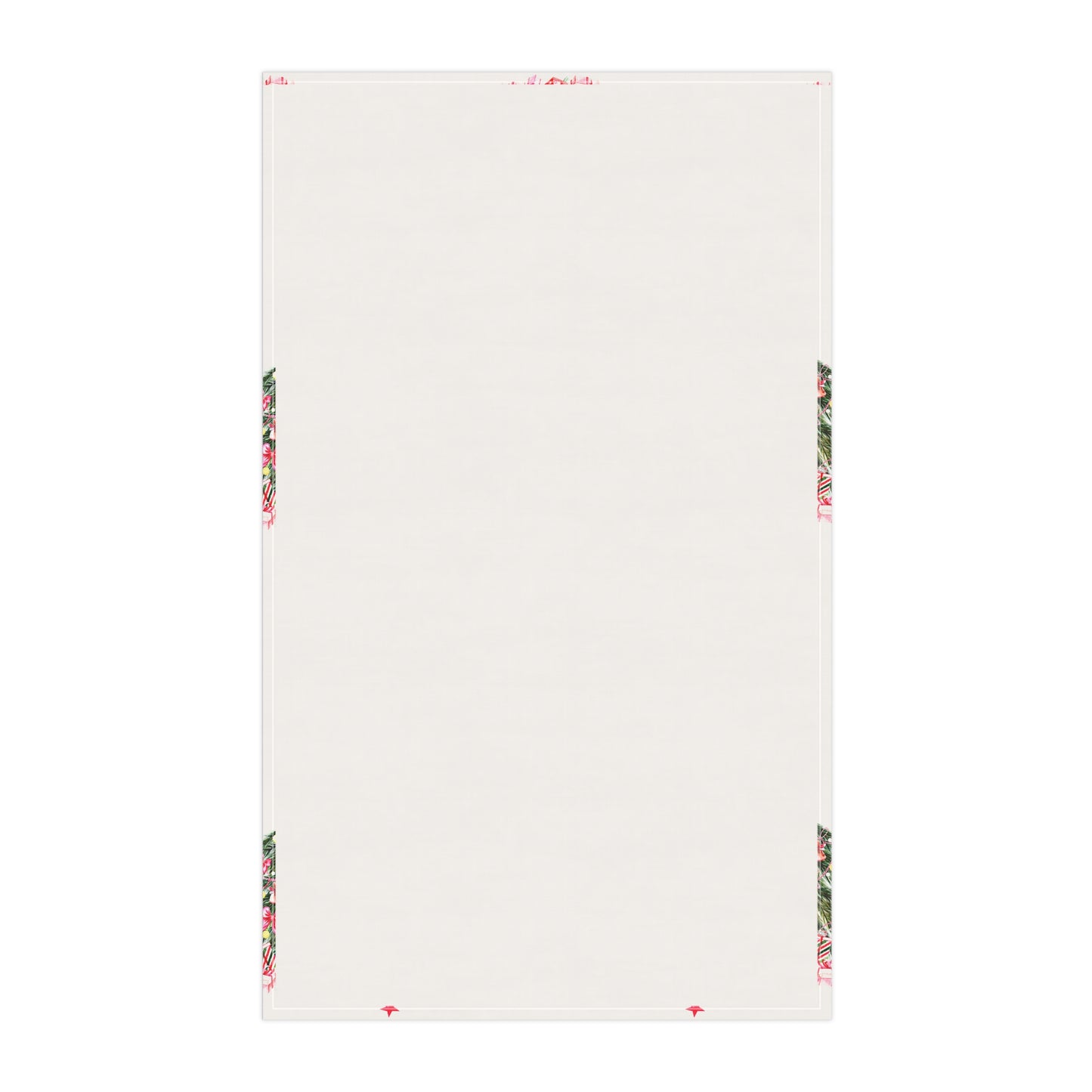 A blank white rectangular sheet from Printify, featuring vibrant festive floral and green patterns around the edges, perfect for adding a splash of color to your holiday season decor with its Christmas-Tree Kitchen Towels measuring 18" x 30".