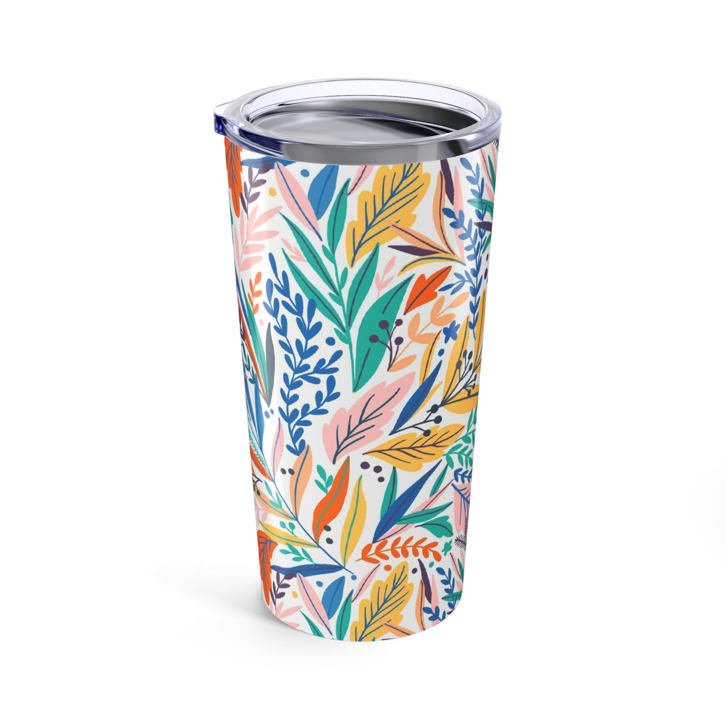 The Printify Lunch Bag Pal Tumbler: 20 oz. is a stylish stainless steel tumbler with a clear lid, featuring a colorful abstract leaf and botanical pattern on white.