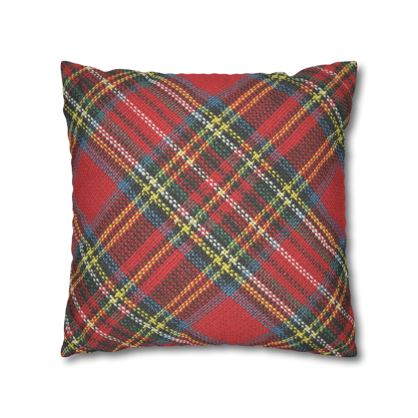 An American made Printify red plaid pillow case on a white background.