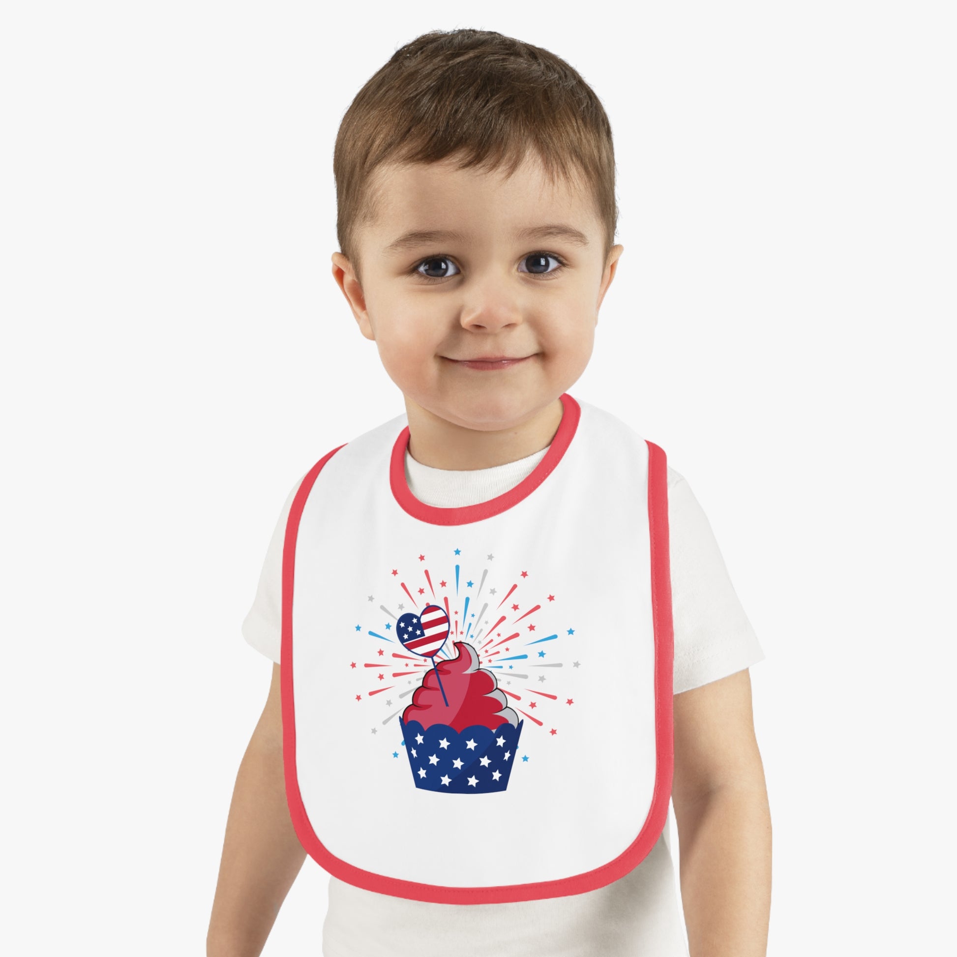 Mock up of the child wearing the bib with the red trim