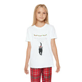 A girl in a Printify Unisex-Youth Matching-Family Pajamas: 2 piece set; Cotton with a cat design.